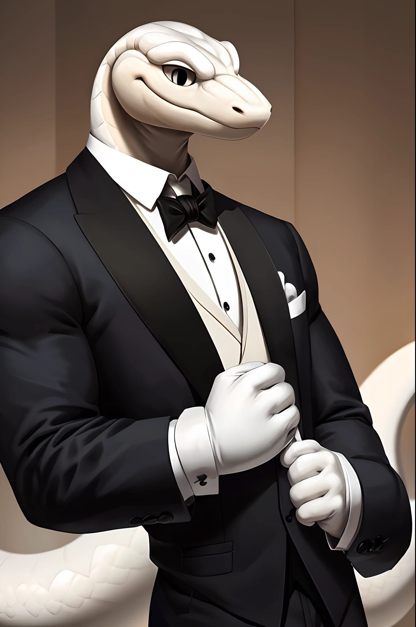 masterpiece, best quality, highres, 1male, solo, white snake male, furry, black tuxedo, white formal gloves, smile, butler,