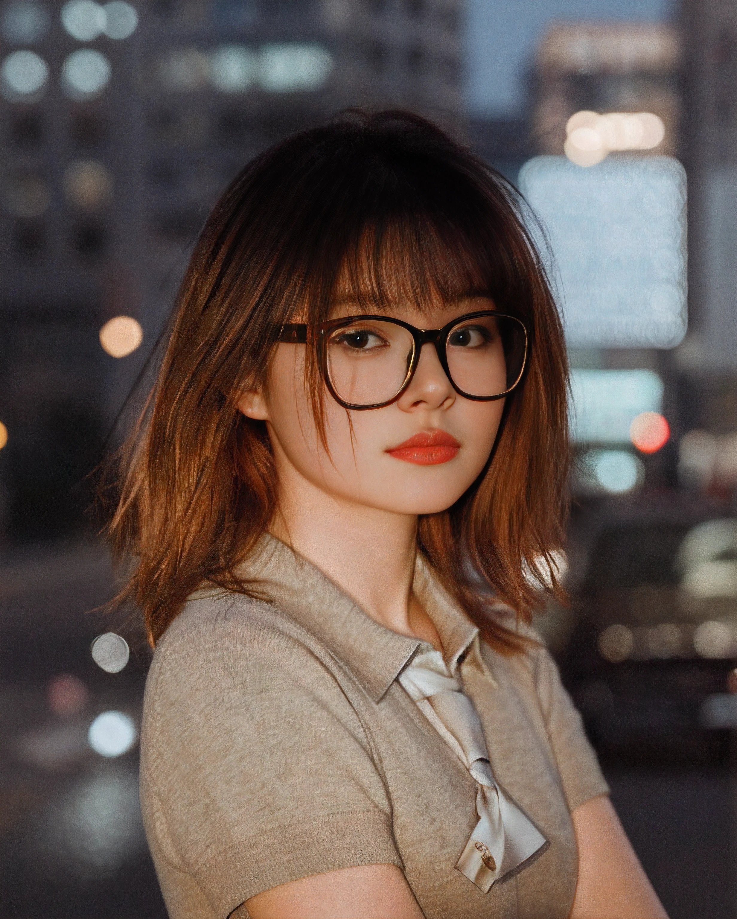 A woman wearing glasses and a tie stands in the street, 50mm portrait, Girl with glasses, a girl with round glasses, INFP young woman, 7 0 mm portrait, 60mm portrait, 3 5 mm portrait, soft light from the side, dslr 5 0 mm portrait photo, shot at golden hour，largeeyes，