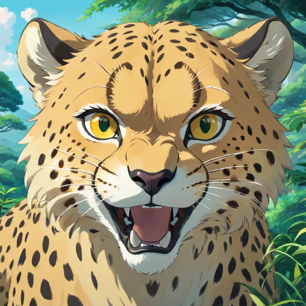 a cheetah's head, angry eyes