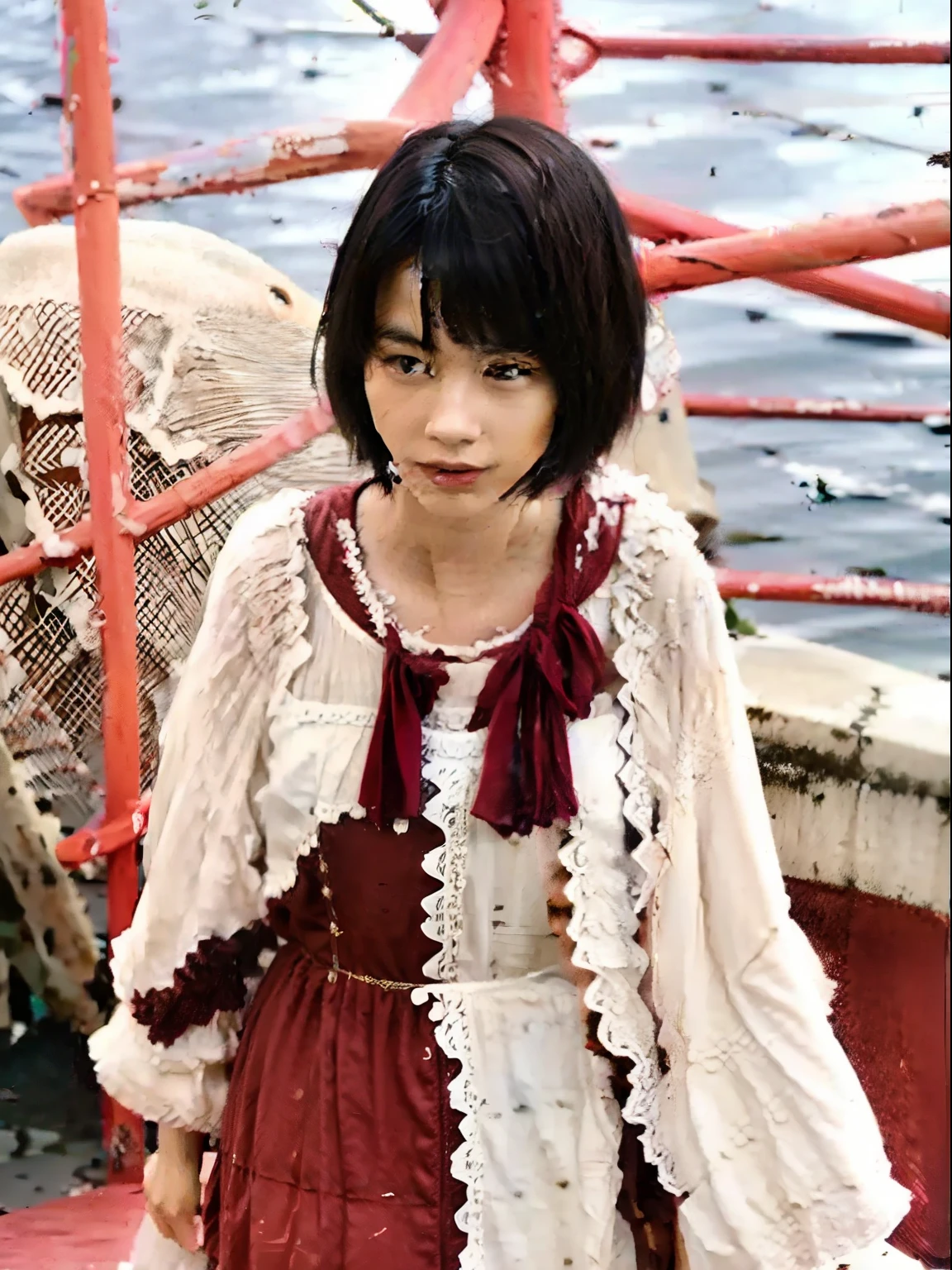 Girl , with pink hair , wearing white dress , with short hair