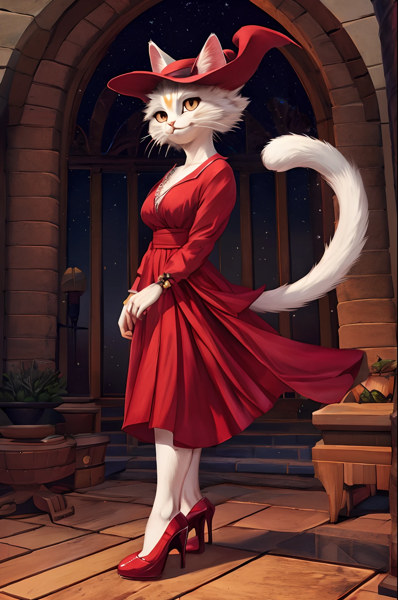masterpiece, best quality, highres, 1female, solo, white cat female, red dress, red high heels, Bewitching, accessories,