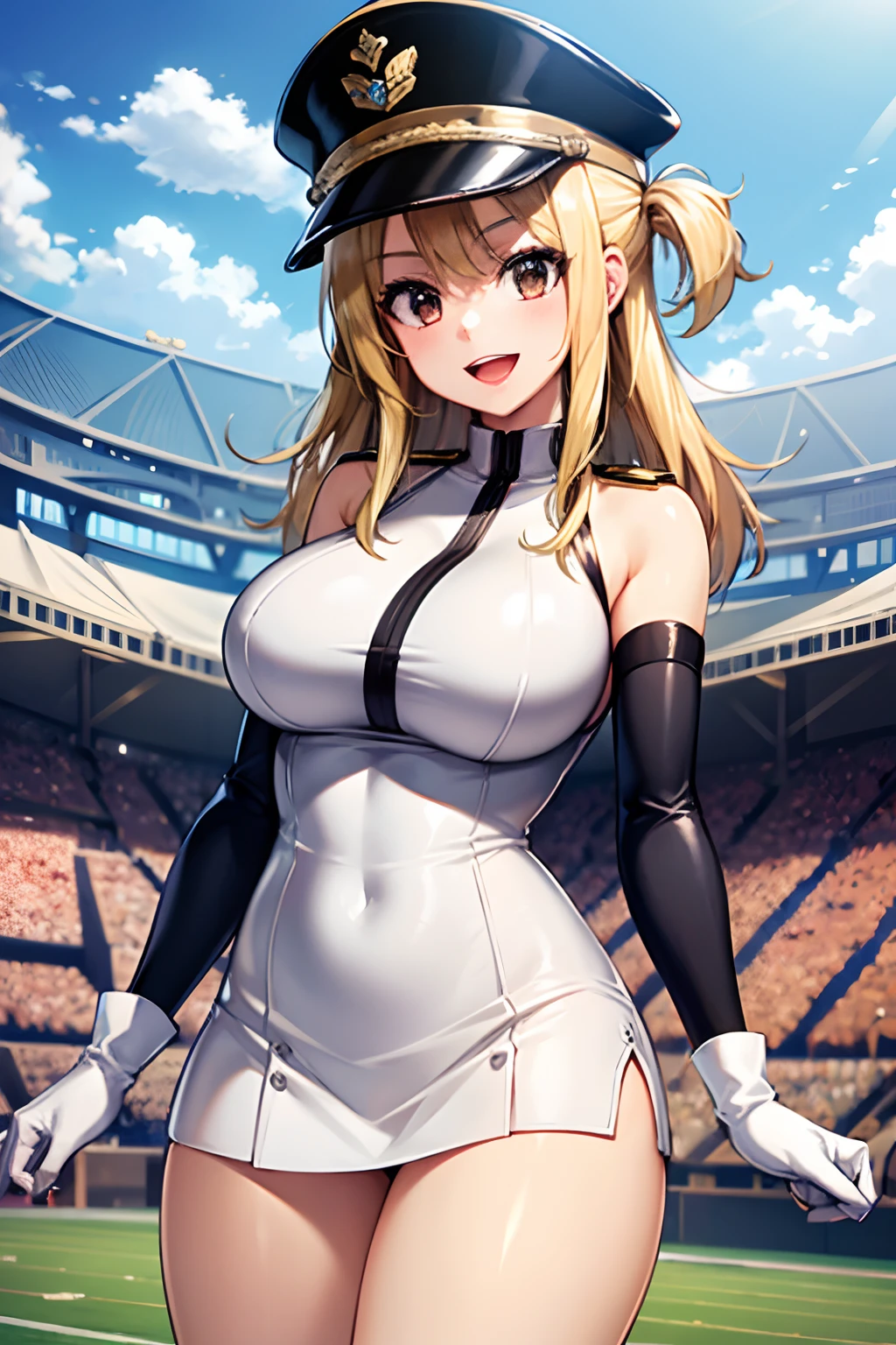 Master masterpiece, top-quality, High Definition, , Lucy Heartphilia, blonde  hair, length hair, large full breasts, Smile with open mouth, Solo、cowboy  shot, (Stadium:1.3)、stadio, Marching Band、band uniform, White Gloves, Mini Shako Cap, stage,