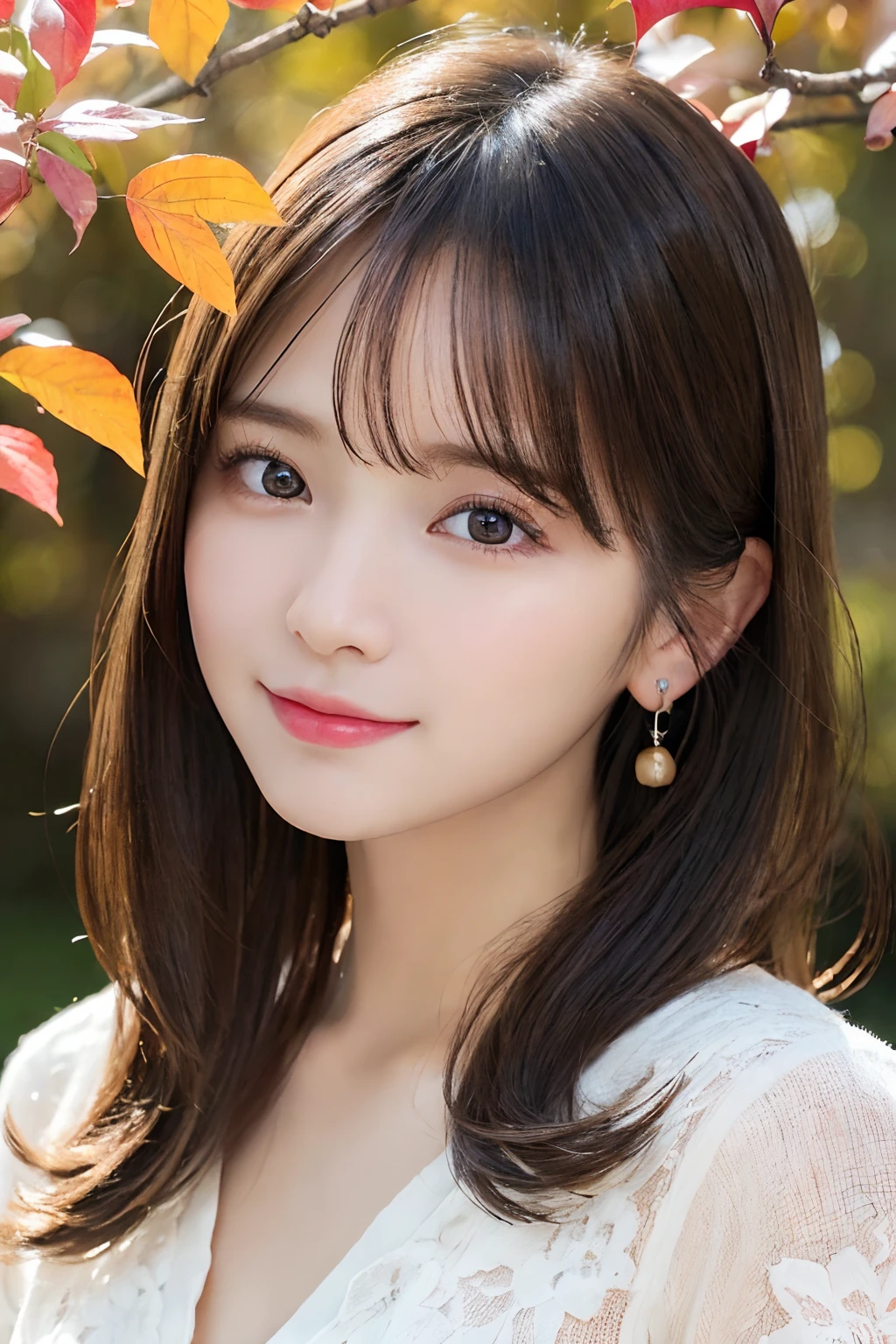 (A hyper-realistic), (illustratio), (hight resolution), (8K), (ighly detailed), (The best illustrations), (Beautiful detailed eyes), (top-quality), (ultra-detailliert), (masterpiece), (wall-paper), (详细的脸), (beautiful smiling face)、(beautiful countenance)、long、Earrings with bangs、独奏、(((Cute Japan Beautiful Girl)))、 Japan beautiful girl 25 years old))、 (())、(((G Cup Big)))agitation、real looking skin、Hair fluttering in the wind、date、autumnal、Colored leaves、Beautiful autumn background、Fall in love、Cute clothes