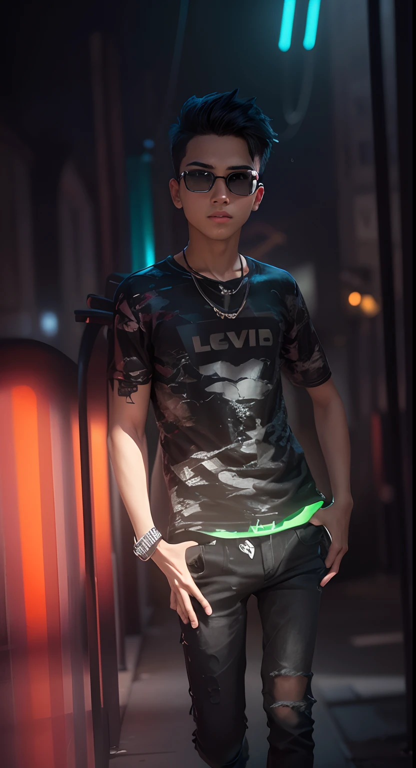 A solo boy, a boy in a theme park, a boy wear a black t-shirt, black cool and stylish t shirt, normal body, day, neon background, park background, theme park, cool and stylish jeans