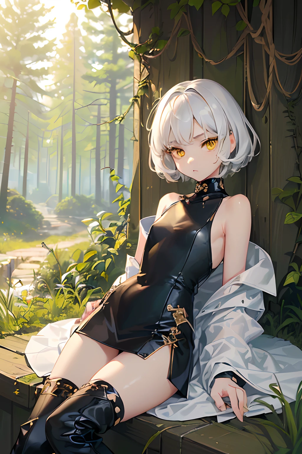 1girl, high resolution, masterpiece, extremely detailed, realistic, (((small, short, (13 years old), slender, extremely cute face, cute eyes, yellow eyes, big eyes, sharp eyes, sharp face, beautiful, soft skin, smooth skin, short white hair, fragile))), ((oversized black coat, black boots)), (in forest, sunny, looking around)