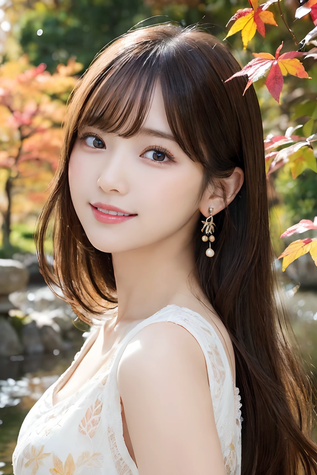 (A hyper-realistic), (illustratio), (hight resolution), (8K), (ighly detailed), (The best illustrations), (Beautiful detailed eyes), (top-quality), (ultra-detailliert), (​masterpiece), (wall-paper), (详细的脸), (beautiful smiling face)、(beautiful countenance)、long、Earrings with bangs、独奏、(((Cute Japan Beautiful Girl)))、  Japan beautiful girl 25 years old))、 ((Baby face))、(((G Cup Big)))agitation、real looking skin、Hair fluttering in the wind、date、autumnal、Colored leaves、Beautiful autumn background、Fall in love、Cute clothes
