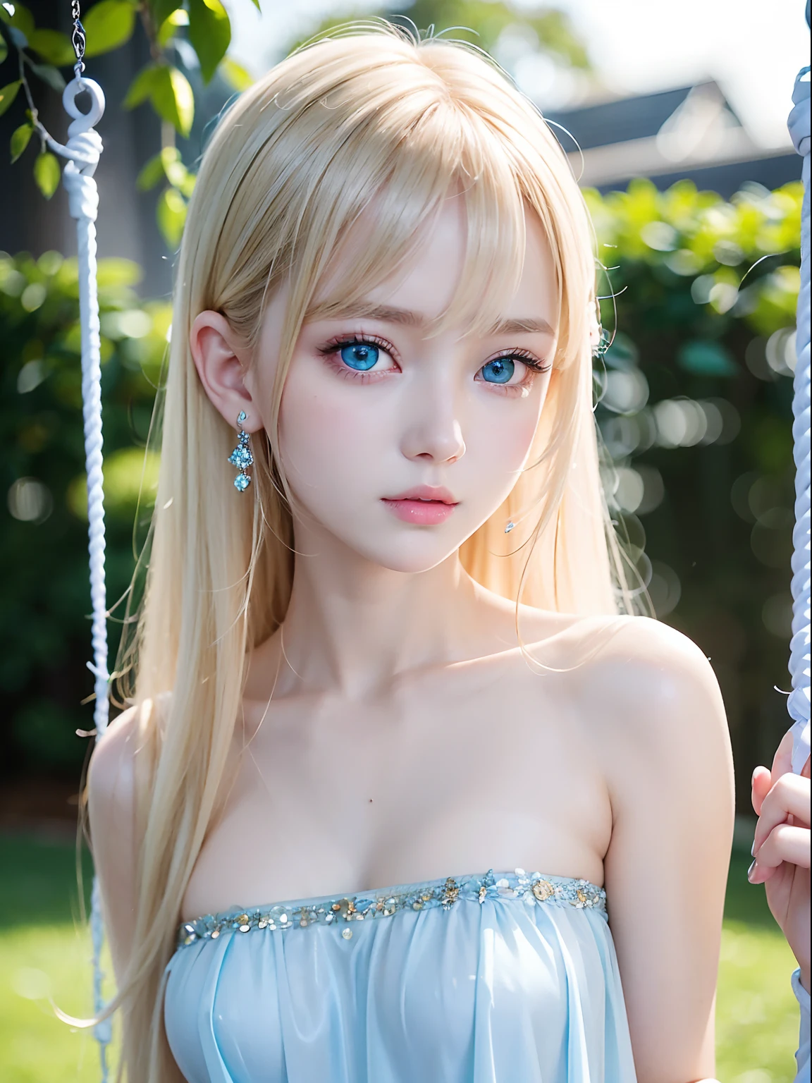 Sexy shiny very cute and beautiful face、Glossy and very white beautiful skin、very beautiful glowing big pale blue eyes、silky soft pale blonde hair with a very long and beautiful golden sheen,,,,,,、Swing bangs、 cute beautiful girl with very young face、large and transparent double eyelids、Round face、Adorable appearance