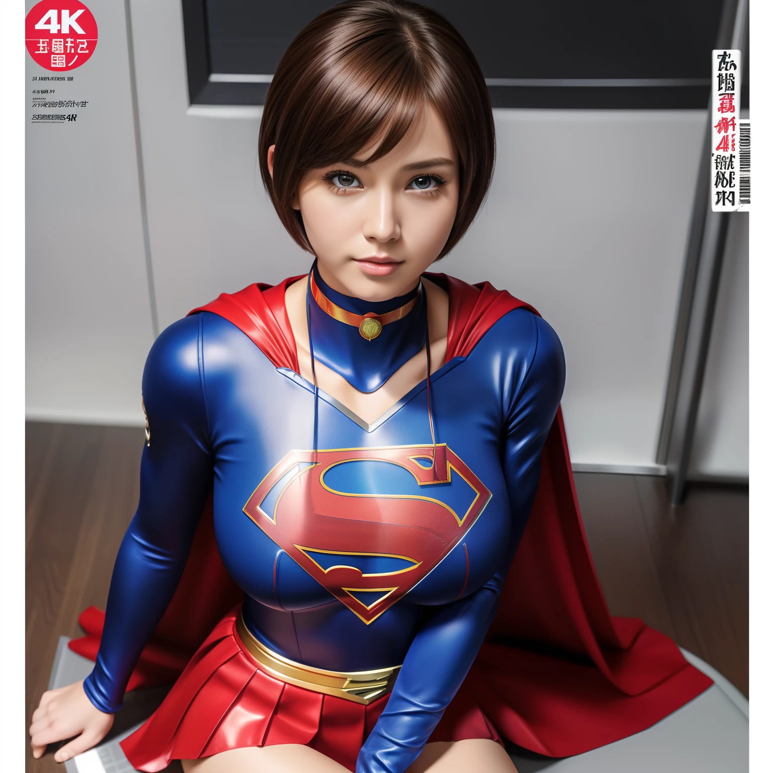 (Best Quality,4K,8K,hight resolution,masutepiece:1.2),Ultra-detailed,Realistic:1.37,Super masterpiece,Short-haired Supergirl、large full breasts、Looking at the camera、Glossy costume、a choker、Too short miniskirt、Magazine covers、brochure