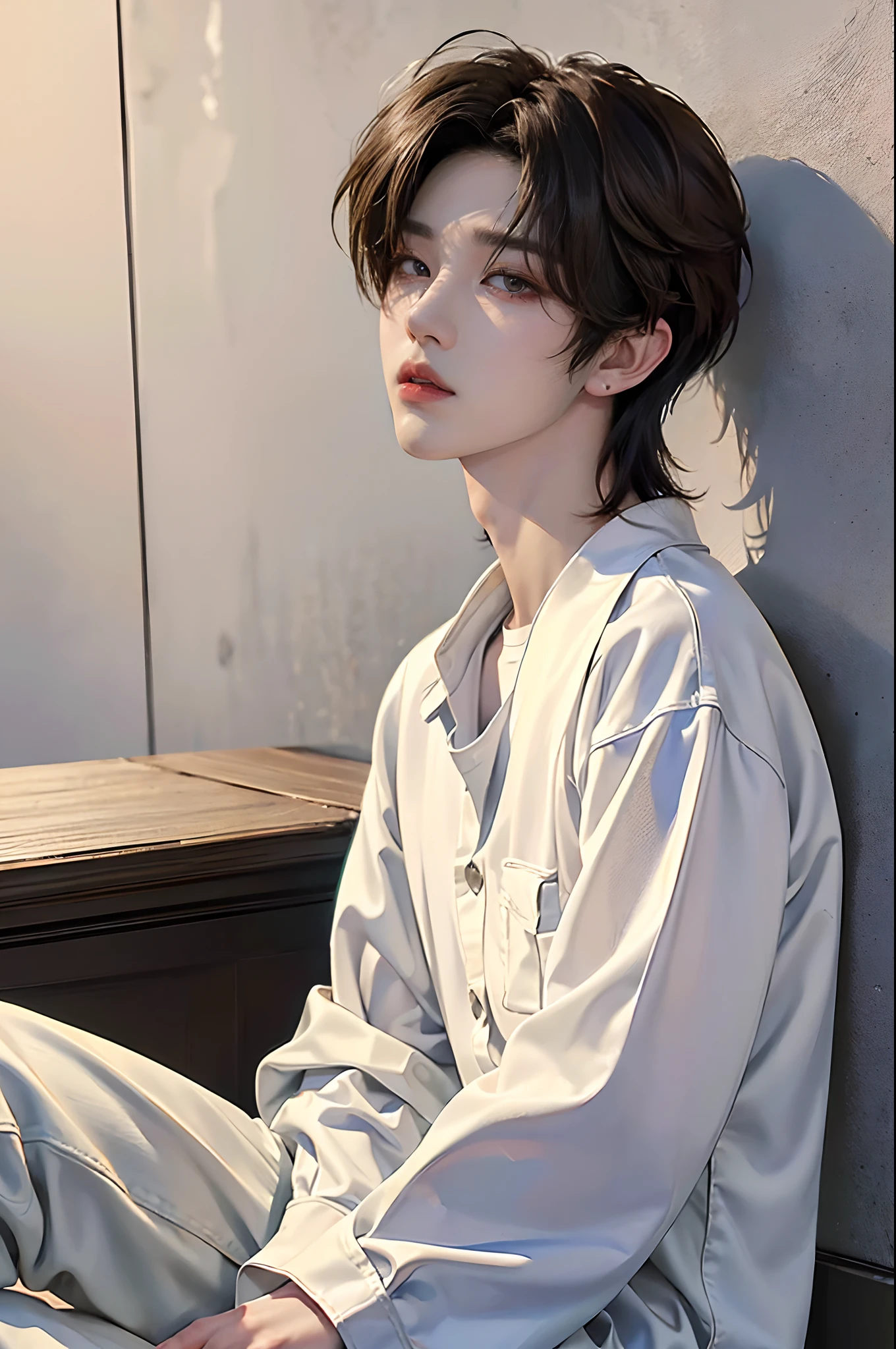 ​masterpiece、（top-quality)、((high-level image quality))、One Manly Boy、Slim body、((White Y-shirt and long black pants))、(Detailed beautiful eyes)、Stylish homeroom、Sit with your back to the wall、Face similar to Chaewon in Ruseraphim、((short hair above the ears))、((Smaller face))、((Neutral face))、((Light brown eyes))、((Korean boy))、((18year old))、((Handsome man))、((Wild look))、((Korean Makeup))、((elongated and sharp eyes))、((Sit next to the viewer))、((selfy))、((Shot close to the face))、((Close-range shooting))