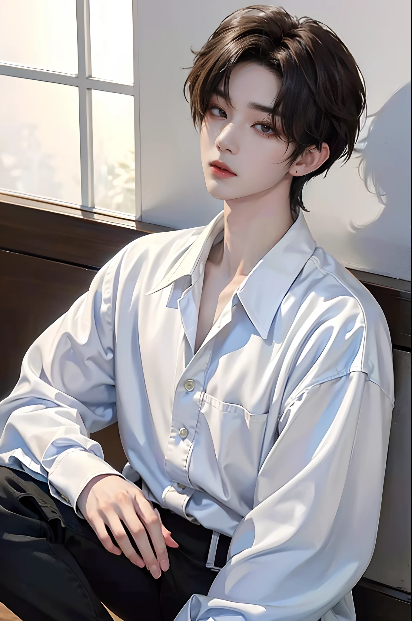 ​masterpiece、（top-quality)、((high-level image quality))、One Manly Boy、Slim body、((White Y-shirt and long black pants))、(Detailed beautiful eyes)、Stylish homeroom、Sit with your back to the wall、Face similar to Chaewon in Ruseraphim、((short hair above the ears))、((Smaller face))、((Neutral face))、((Light brown eyes))、((Korean boy))、((18year old))、((Handsome man))、((Wild look))、((Korean Makeup))、((elongated and sharp eyes))、((Sit next to the viewer))、((selfy))、((Shot close to the face))、((Close-range shooting))