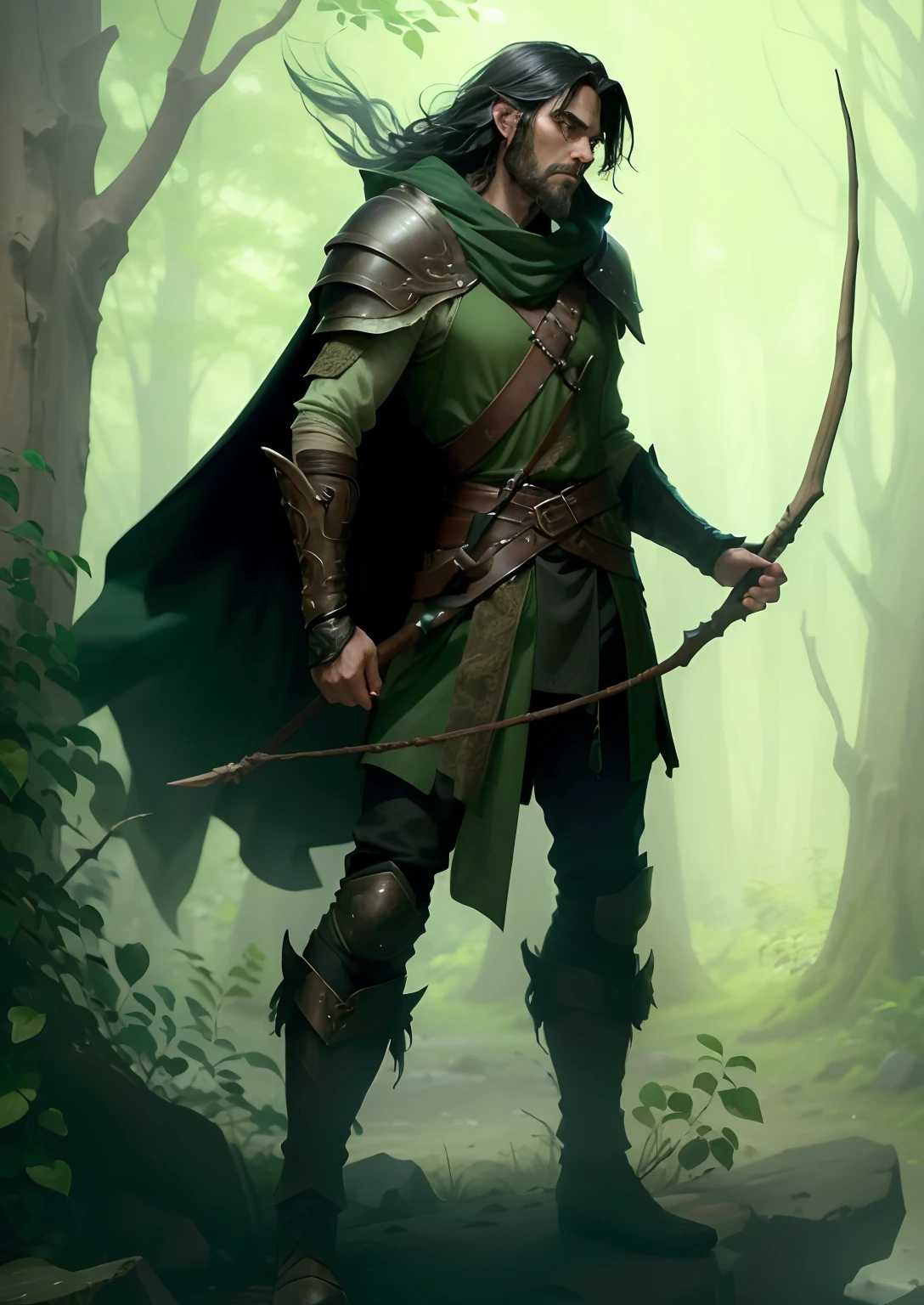 An elven ranger. Born of the woods. With boots that make no sound. Leather armor that blends to the back ground and cloak to become invisible. Shoulder length black hair with rugged design. Eyes have a steely gaze. Facial feature would be manly yet fine elvish, his stare would be intense and serious. Poised ready for action at a moments notice.