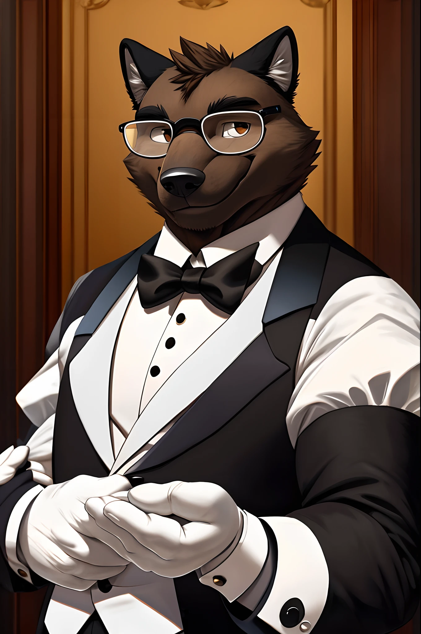 masterpiece, best quality, highres, 1male, solo, brown hawk male, furry, black tuxedo, white formal gloves, smile, butler,glasses