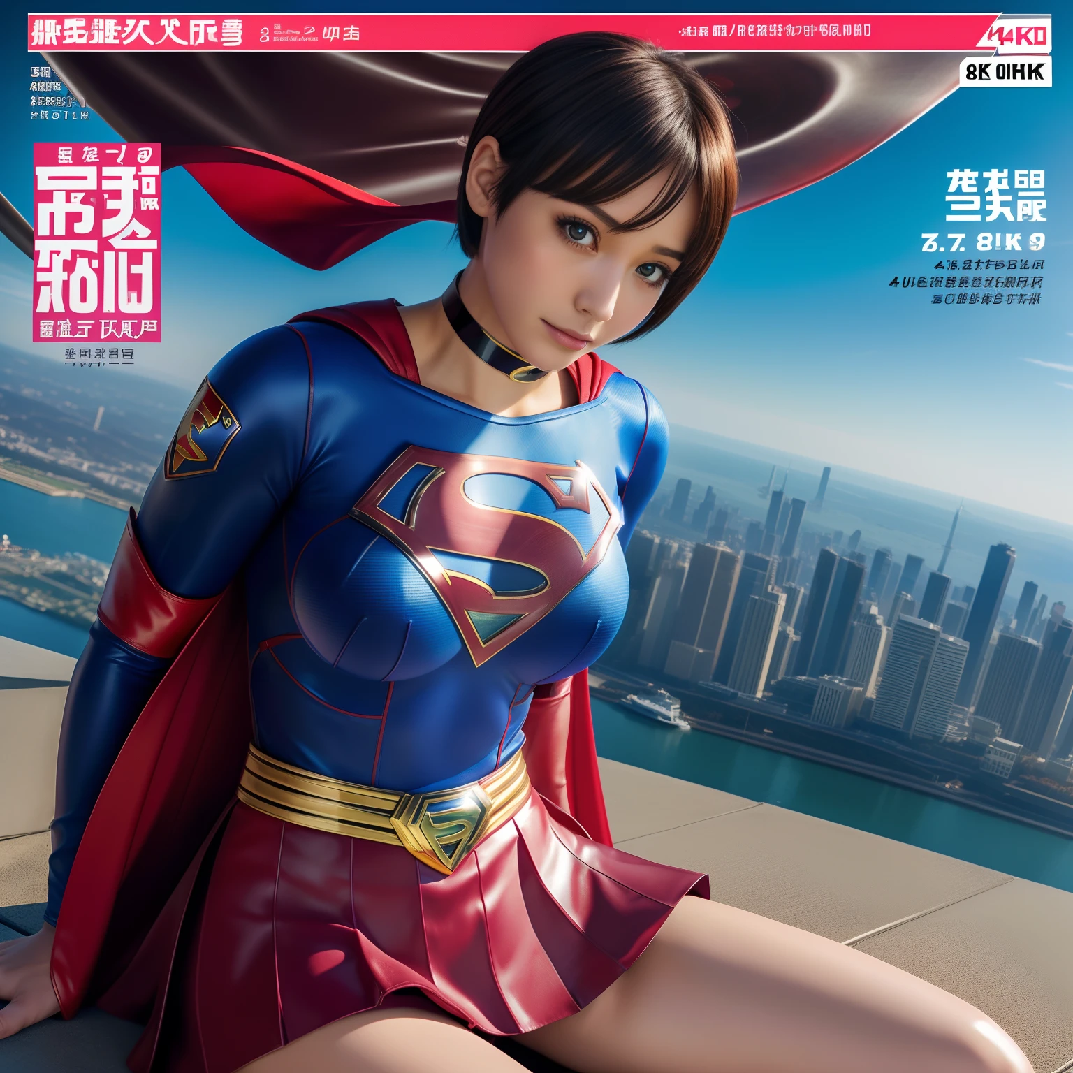 (Best Quality,4K,8K,hight resolution,masutepiece:1.2),Ultra-detailed,Realistic:1.37,Super masterpiece,Short-haired Supergirl、large full breasts、Looking at the camera、Glossy costume、a choker、Too short miniskirt、Magazine covers、Sports Papers、Seated Pose