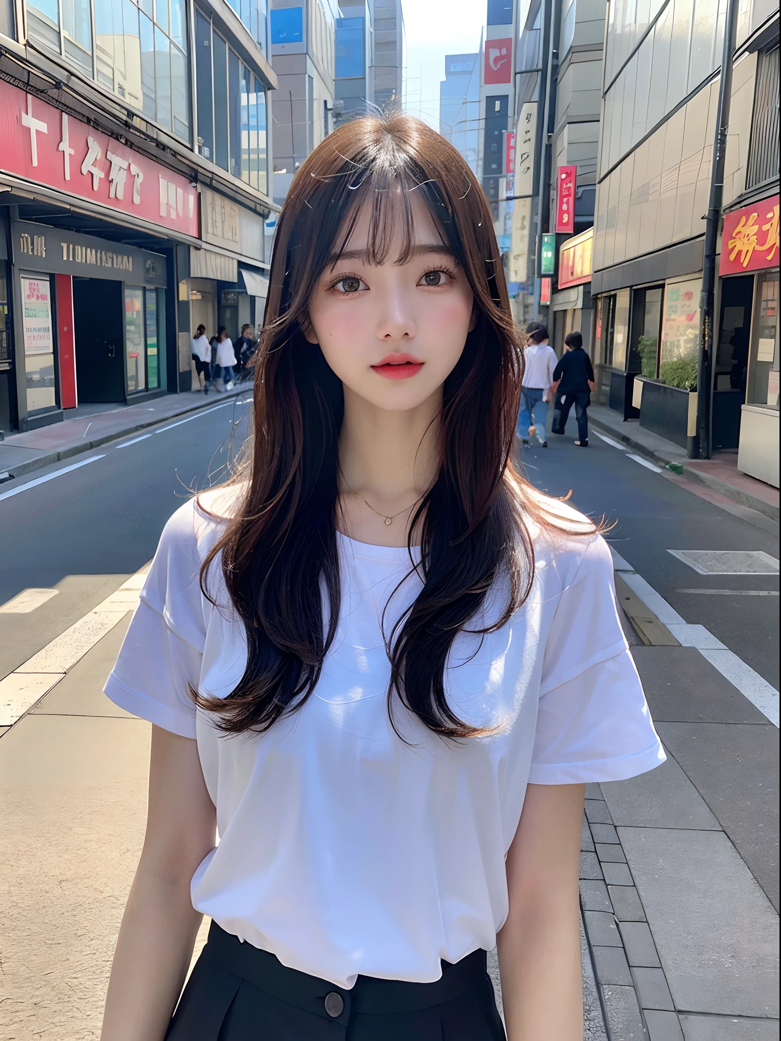 1girl in、in 8K、Raw photography、top-quality、masterpiece、realisitic、Photorealsitic、1girl in、Daytown、Pulling photo、de pele branca、Longhaire、Sheer sunlight、The city of Tokyo、pretty skin、Front photo