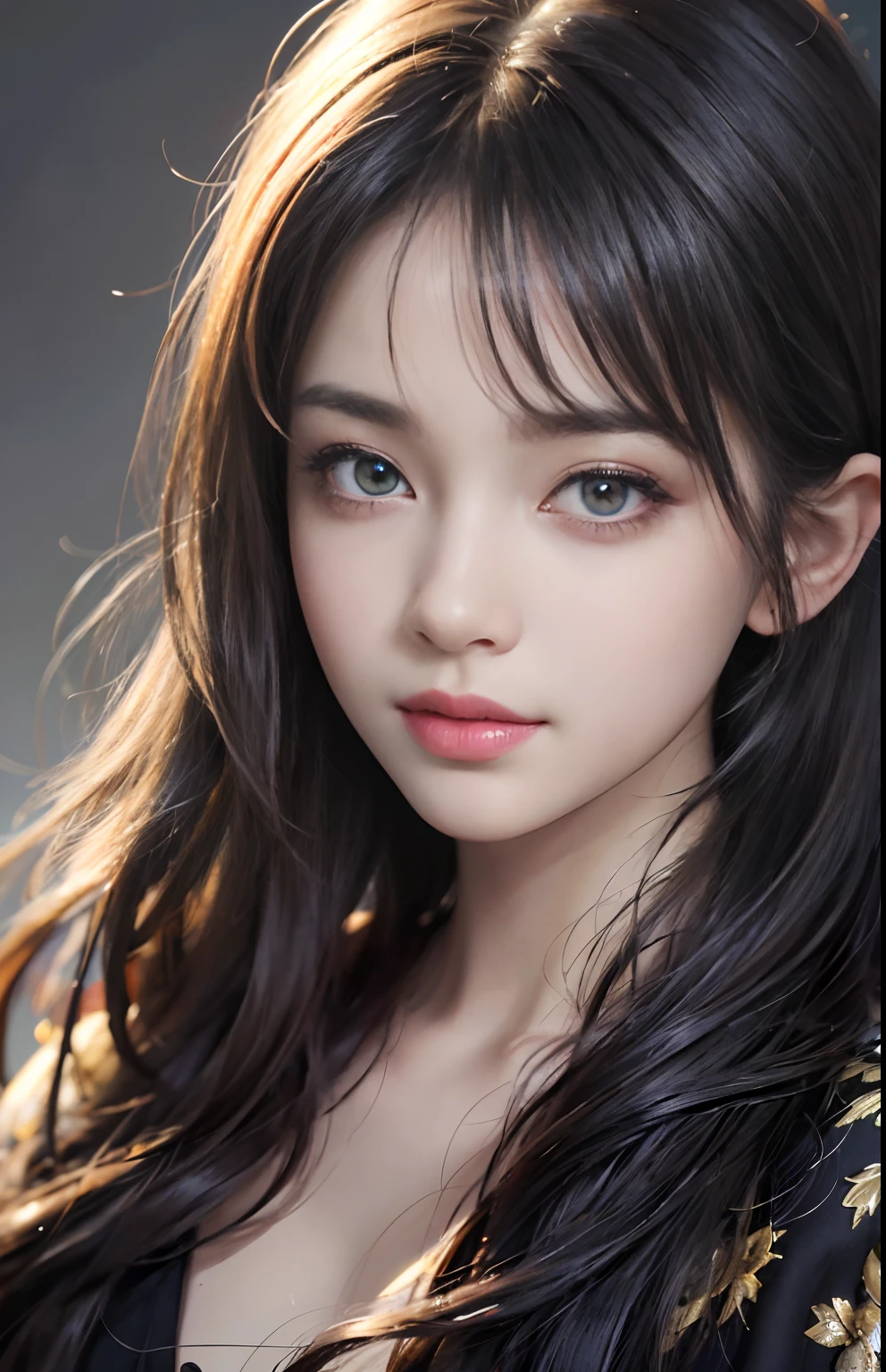 (Ultra Realistic), (Illustration), (Increased Resolution), (8K), (Extremely Detailed), (Best Illustration), (Beautiful and Detailed Eyes), (Best Quality), (Ultra Detailed), (Masterpiece ), ( wallpaper), (detailed face), solo, 1 girl, looking at viewer, fine details, detailed face, in the dark, deep shadows, low key, pureerosfaceace_v1, smiling, long hair, black shawl straight hair , 46 points oblique bangs