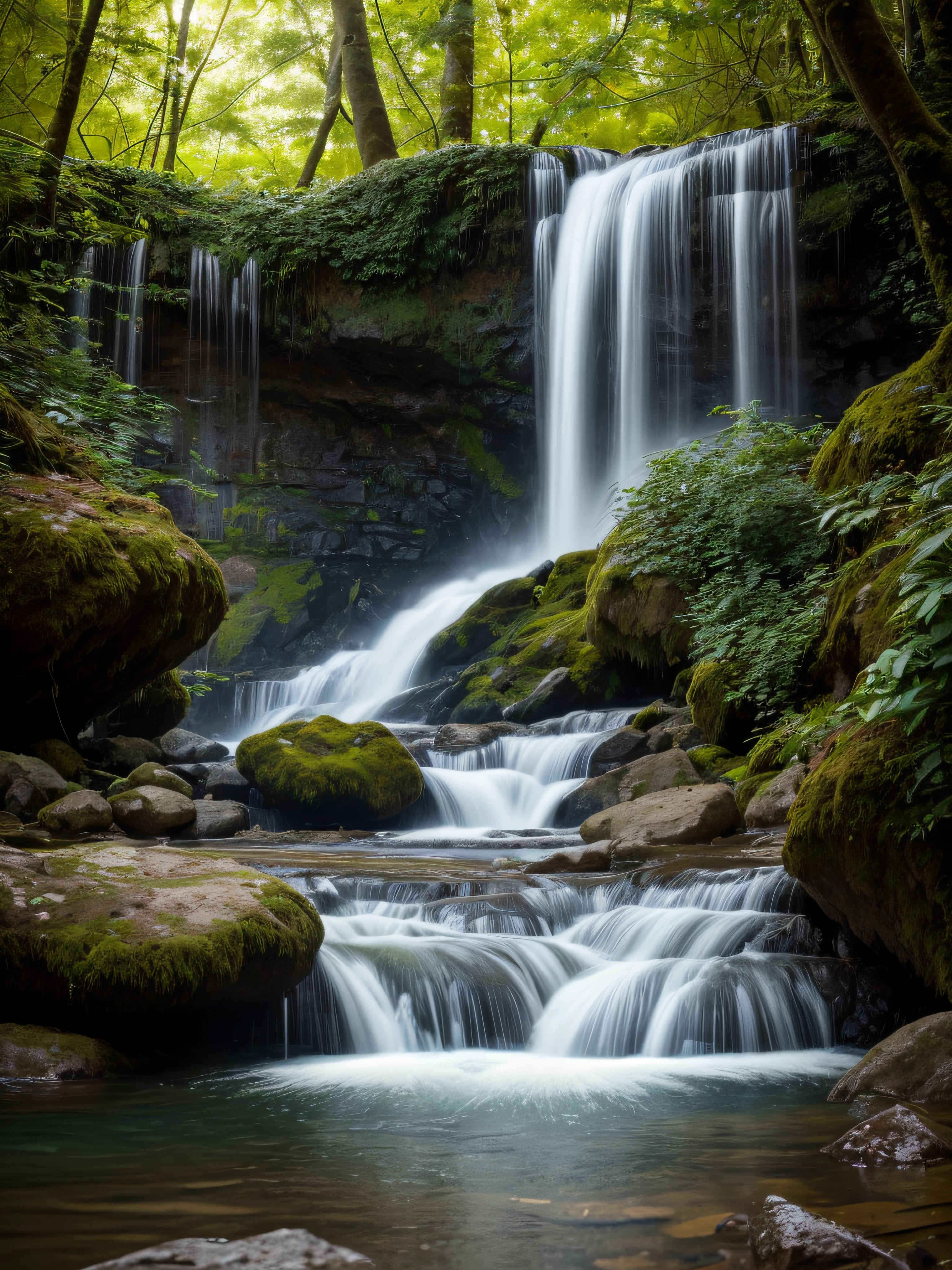 A girl standing in front of a magnificent forest waterfall, serene and calm. Her eyes captivate with their vividness and detail, reflecting the beauty of the surroundings. Her lips, delicately curved, add a touch of softness to her serene face. The waterfall cascades down with incredible detail, each droplet captured with precision. The lush greenery of the forest surrounds the waterfall, creating a vibrant and lively scene. Sunlight filters through the leaves, casting a warm and gentle glow on the girl and the waterfall. The sound of rushing water fills the air, adding to the tranquility of the moment. The scene is captured in the highest quality, with every detail and texture highlighted to perfection. The colors are vivid and vibrant, bringing the artwork to life. The medium used to create this masterpiece is a mix of digital illustration and realistic rendering, resulting in a stunning blend of fantasy and reality. The overall tone of the artwork is a combination of cool and warm colors, giving it a balanced and harmonious feel. The lighting is carefully crafted to create a sense of depth and dimension, enhancing the natural beauty of the scene.