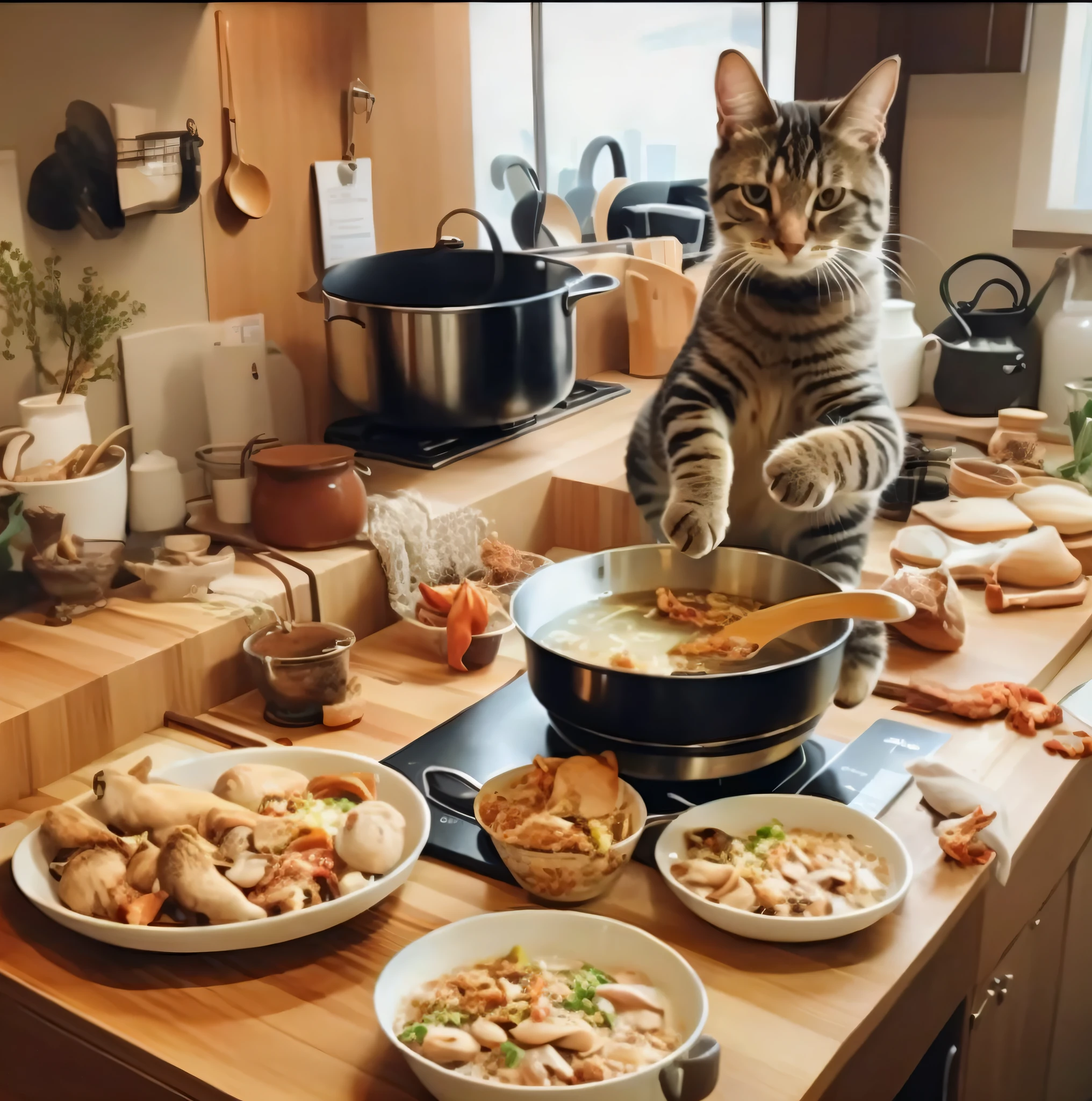 There was a cat standing on the counter with a pot, the cat cooks soup, Cooking, cooking it up, dinner is served, cat eating, cat on the table, cat masterpiece, .gif, miko, chonker cat, cooking show, On plates and tables, ❤🔥🍄🌪, Meow, gourmet cooking