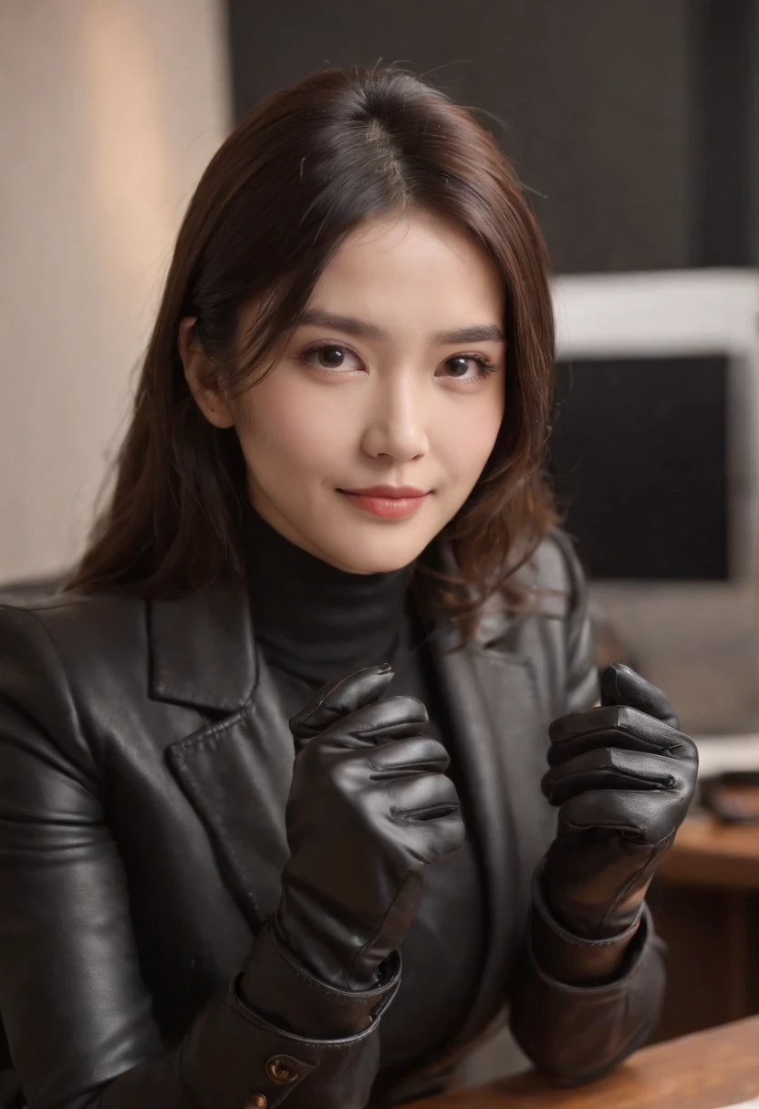 Wearing black leather gloves on both hands, Upper body, Black business suit, Facing the desk in my room with a computer in the dark, Look down and smile, Use a fountain pen to write a letter, Black hair was tied back for a long time, Still young and very cute Japan female new employee (Black leather gloves cover both hands)Gentle smile looking at the camera、Black leather gloves to do the job