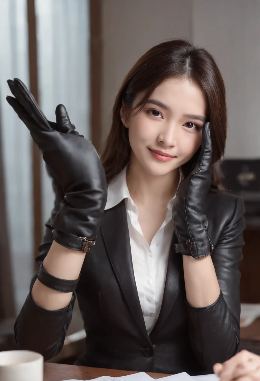 Wearing black leather gloves on both hands, Upper body, Black business suit, Facing the desk in my room with a computer in the dark, Look down and smile, Use a fountain pen to write a letter, Black hair was tied back for a long time, Still young and very cute Japan female new employee (Black leather gloves cover both hands)Gentle smile looking at the camera、Black leather gloves to do the job