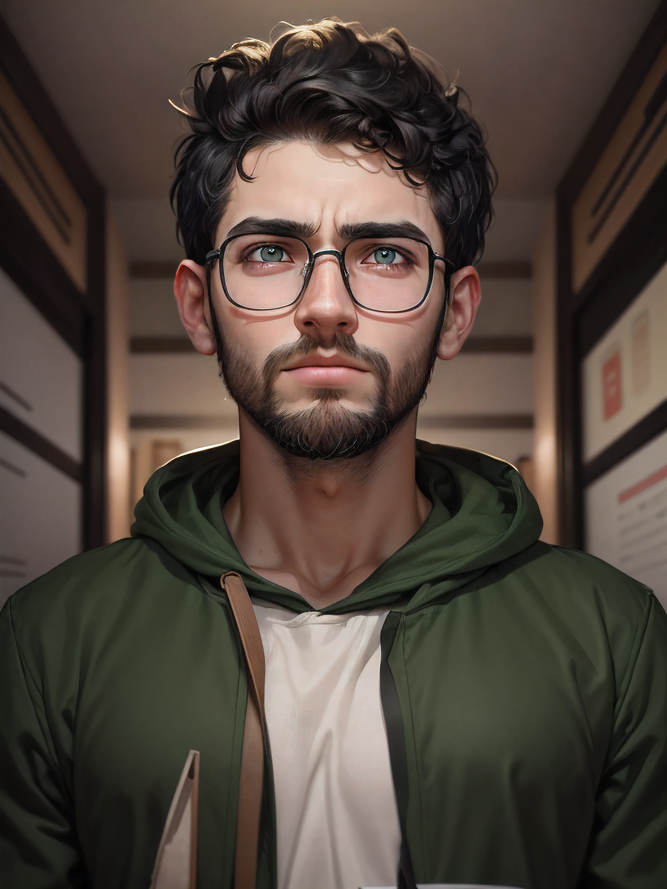 25-year-old stoic man with short black hair, green eyes and a short beard, dreesed as abusinessman of the time, looking for the purpose of life