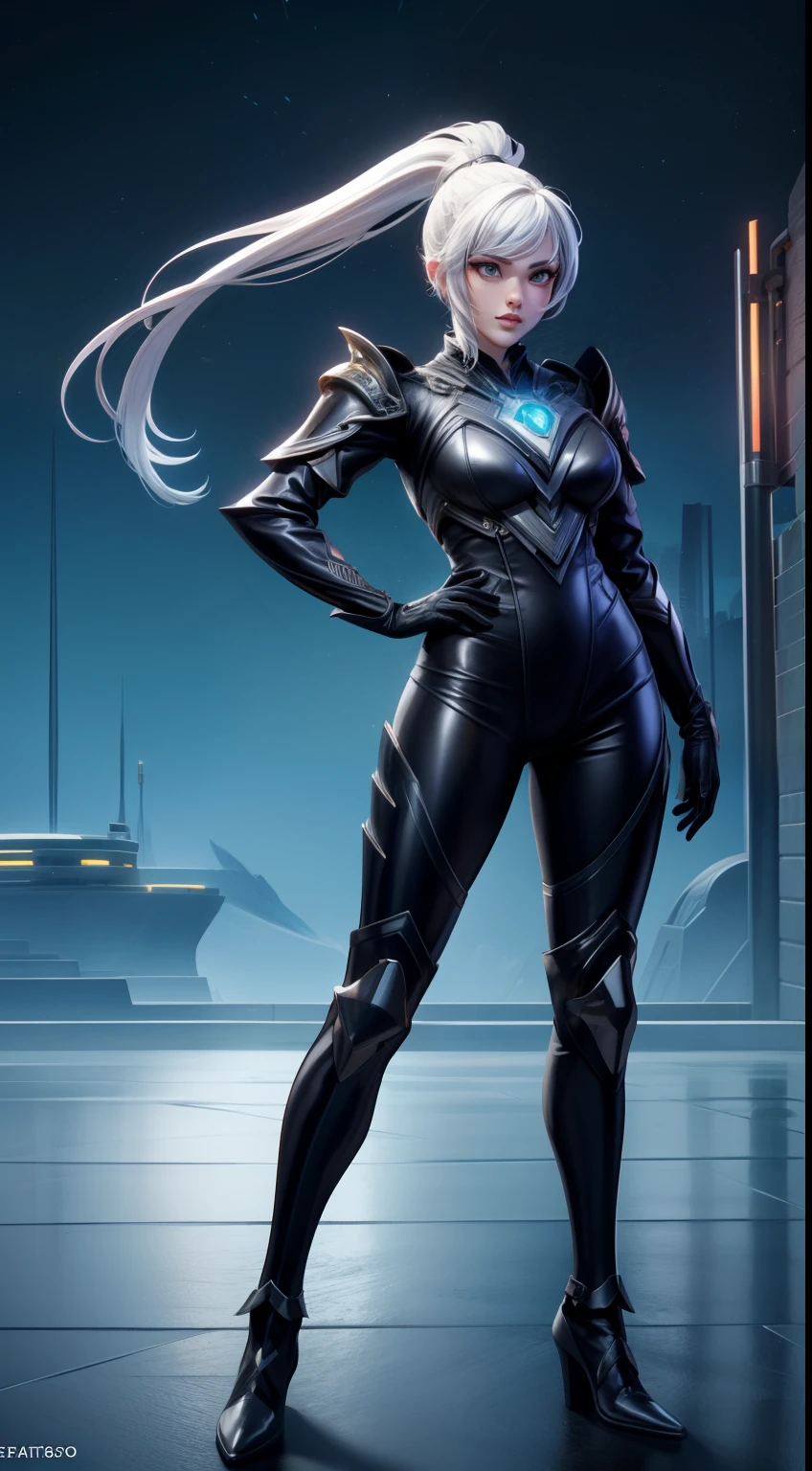 solo, super fine photo, full body picture Unreal Engine 5 8K UHD of a girl, wearing black and white tight shiny suit, high-tech armor, long black glove, ponytail hair, fantasy character, futuristic city fantasy background, best quality, masterpiece, unified 8k wallpaper, super detailed, sharp focus, female pose
