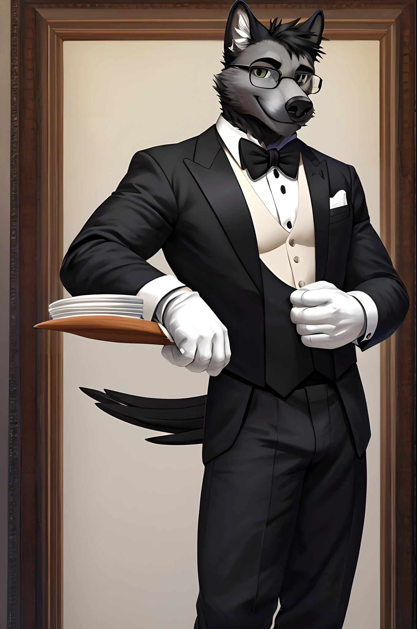 masterpiece, best quality, highres, 1male, solo, hawk male,  black tuxedo,  white formal gloves, smile,  butler,glasses