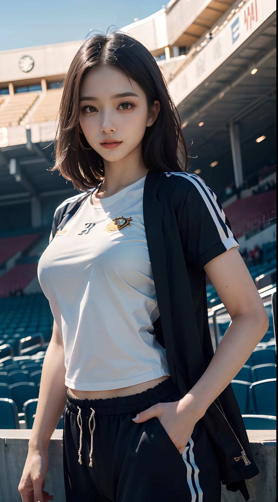 (RAW shooting、4K、Masterpiece、High resolution、very complicated)(Realism of the post:1.4)、Stay away from Lenovo light. A woman with a delicate face，Revealing the whole body，Long legs，
1 woman，โฟกัสsingle、เที่ยงฤดูhot、hot、Year 1990\(style\)、white muscles.、(big 、Nidium Chest)、(Highest quality)、(High resolution)、(Very beautiful)、、(Beautiful face 8k)、(have brown eyes)、(Ponytail)、(Ulzzang-6500:1.0)、(single)、(side of the clock)、(audience)、(big tits)、(international football federation(himself)、shoot、side view、(front)、、(football sports set)、(high legs)、((play football))、((grass floor))、((speed))、(realistic)、