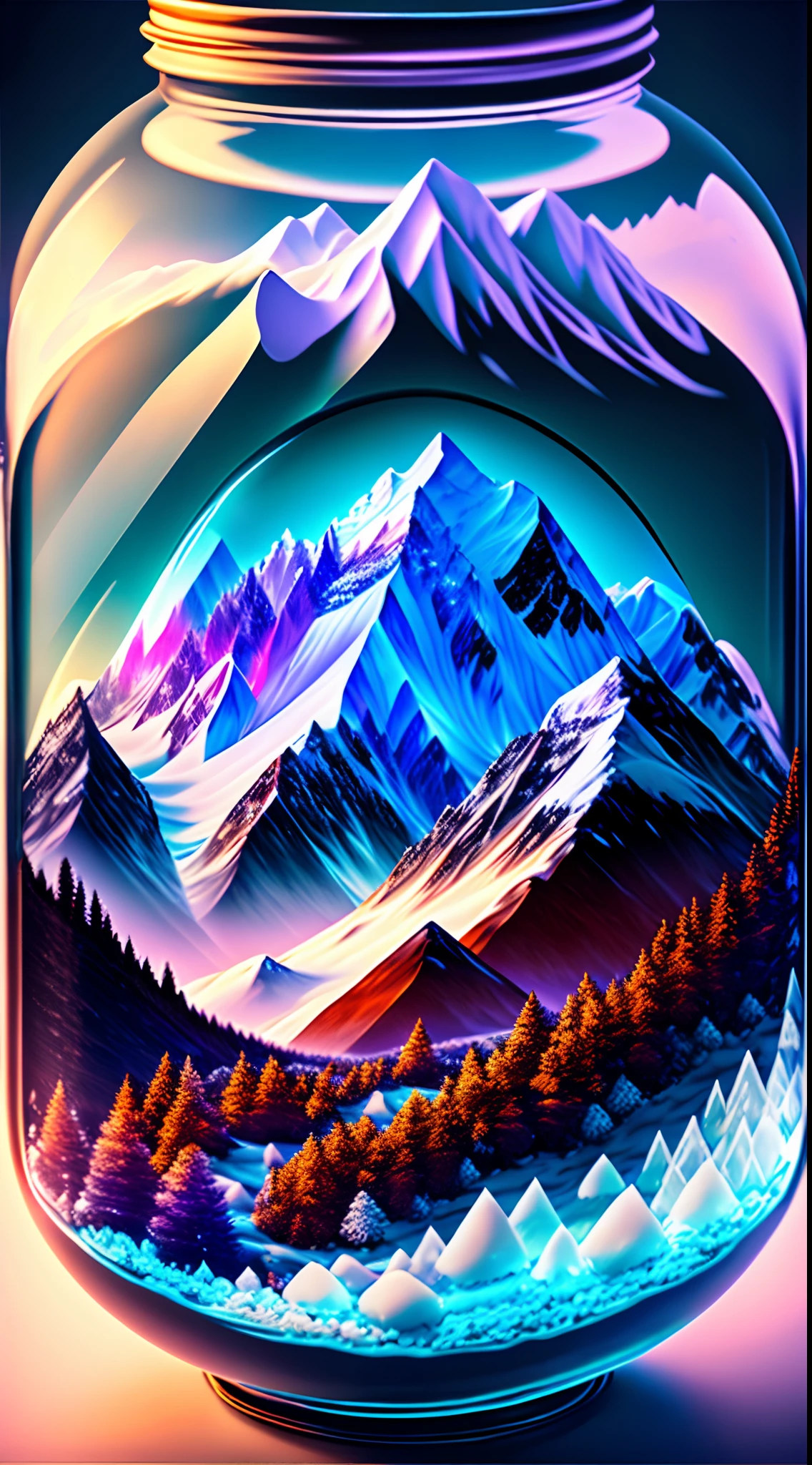 The entire Alpine snow-capped mountains are contained in a glass jar,Ultra photo realsisim,ultra - detailed,dramatic lights,4k,Colorful environment