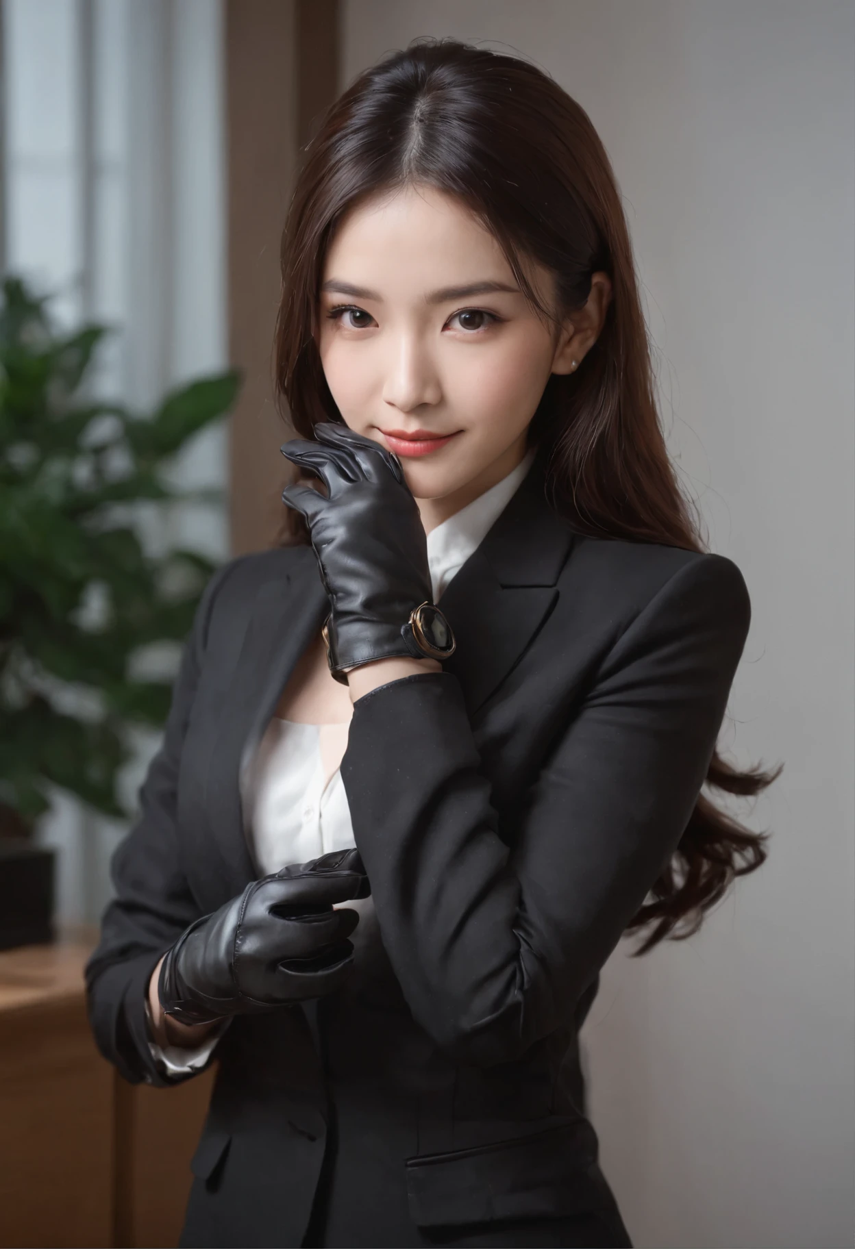 Wearing black leather gloves on both hands, Upper body, Black business suit, Facing the desk in my room with a computer in the dark, Look down and smile, Use a fountain pen to write a letter, Black hair was tied back for a long time, Still young and very cute Japan female new employee (Black leather gloves cover both hands)Gentle smile looking at the camera、Black leather gloves to do the job