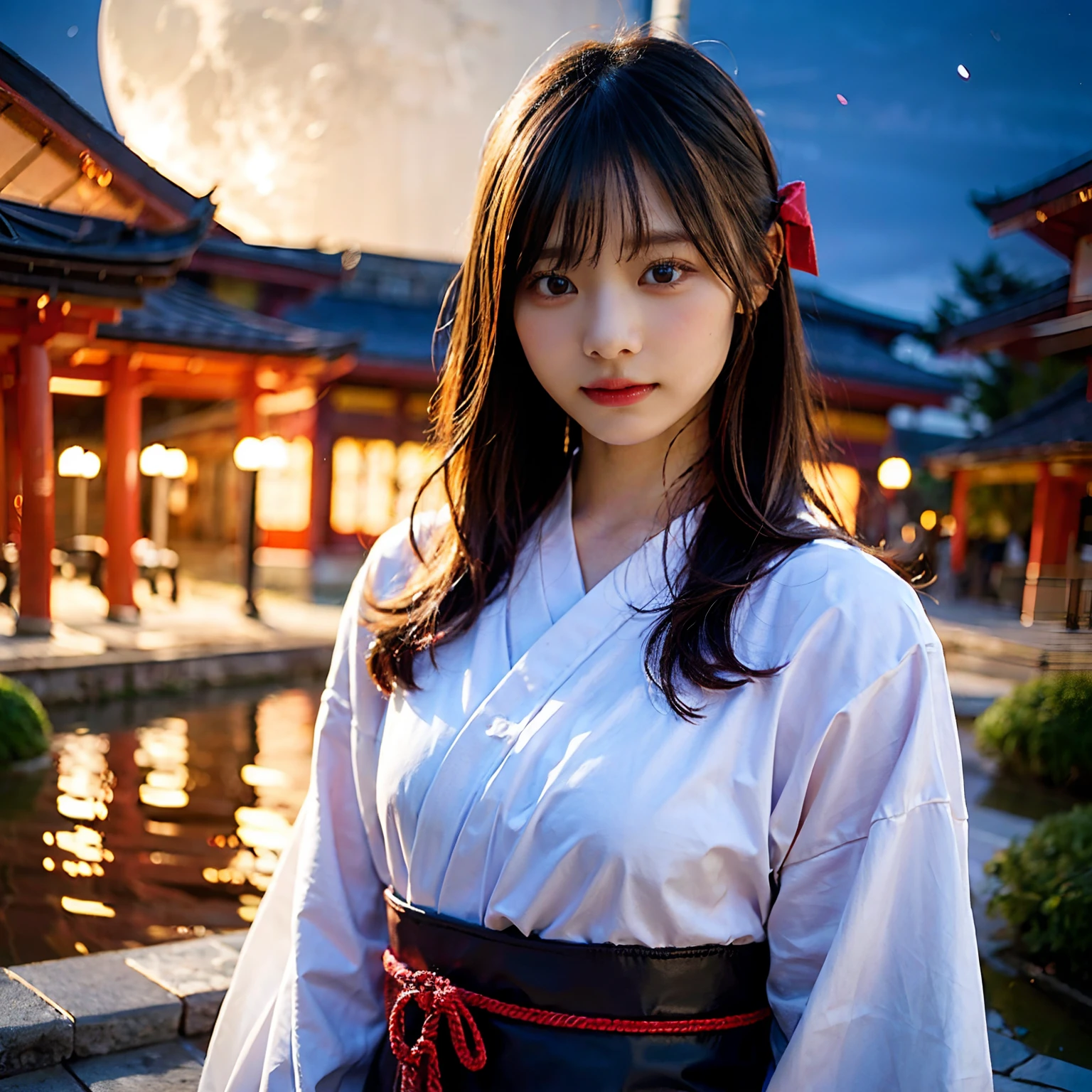 (8K, Best Quality, masutepiece:1.2), (SFW:1.3), (Realistic, Photorealsitic:1.37), 1 beautiful girl, Full body, Sexy body, Komono, Mini skirt, Long hair, ribbon in her hair,Former Japan Village, Night, fullmoon, Moonlight, fire, Holding a sword, Fantasy, Floating hair, Sateen, A Japanese Lady ，samurais