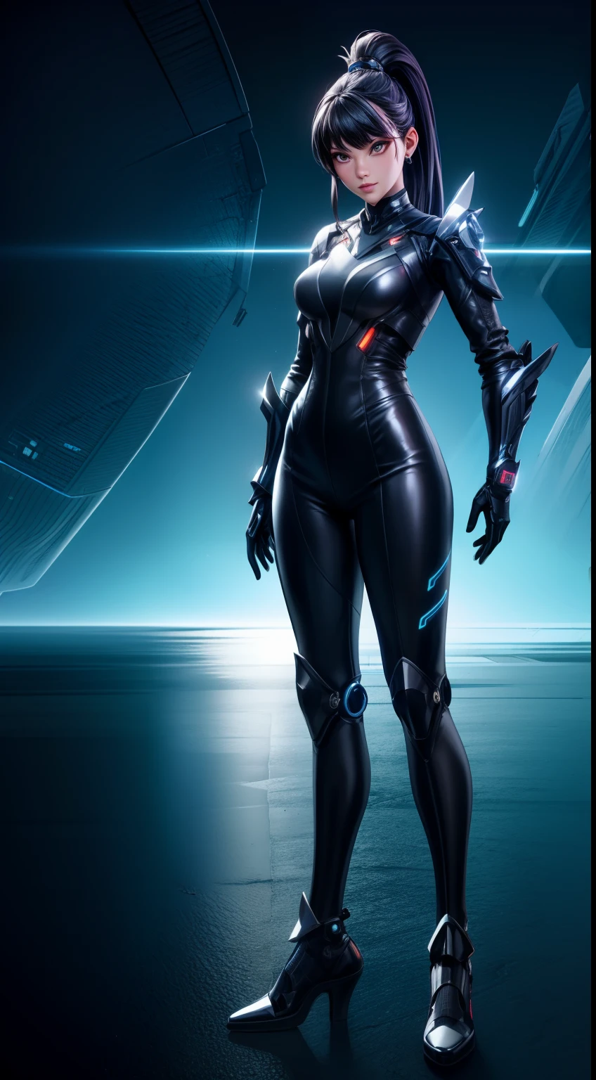 solo, super fine photo, full body picture Unreal Engine 5 8K UHD of a girl, wearing black tight shiny suit with cybernetic details, high-tech armor, long black glove, ponytail hair, cyberpunk character, futuristic city fantasy background, best quality, masterpiece, unified 8k wallpaper, super detailed, sharp focus, female pose