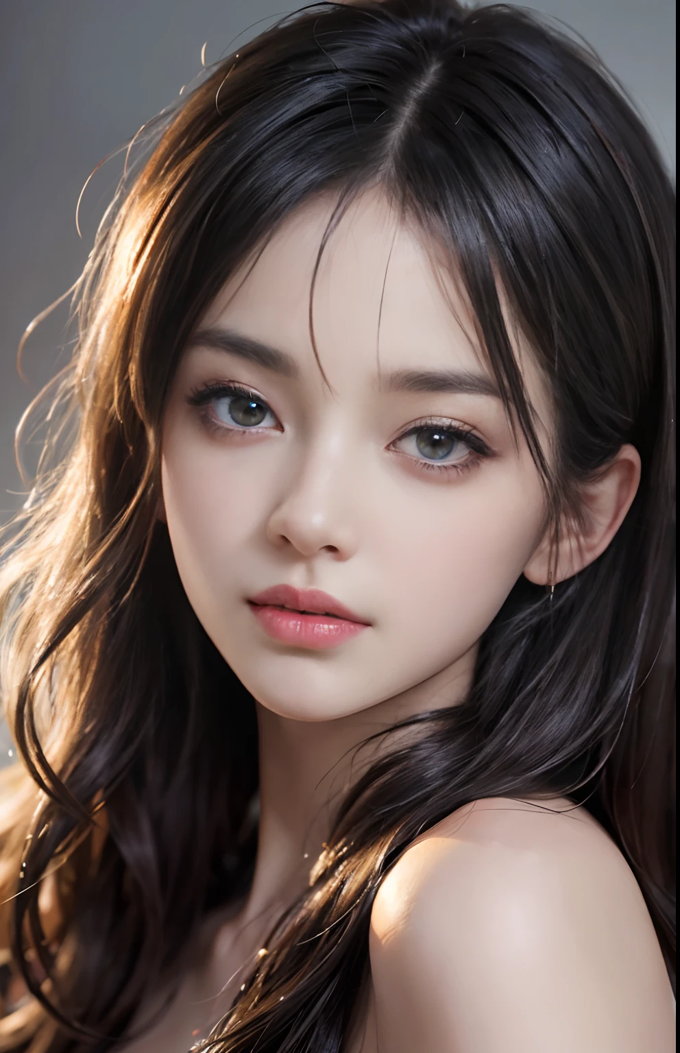 (Ultra Realistic), (Illustration), (Increased Resolution), (8K), (Extremely Detailed), (Best Illustration), (Beautiful and Detailed Eyes), (Best Quality), (Ultra Detailed), (Masterpiece ), ( wallpaper), (detailed face), solo, 1 girl, looking at viewer, fine details, detailed face, in the dark, deep shadows, low key, pureerosfaceace_v1, smiling, long hair, black shawl straight hair , 46 points oblique bangs