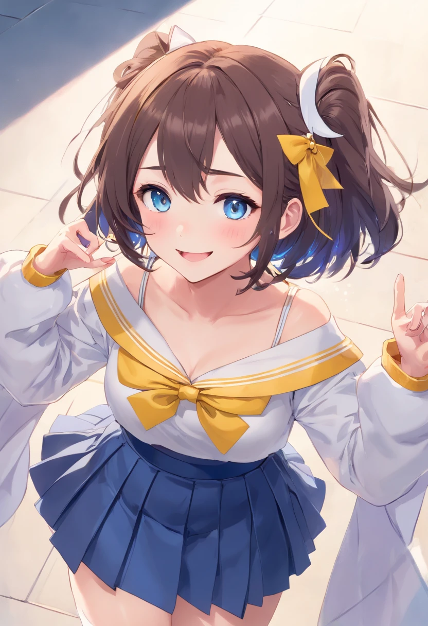 (masterpiece, best quality, illustration, delicate details, 8K:1.2), (studio light, best shadow, picturesque, styleadder), (sharp eyeliner, (symmetric eyes, perfect eyes, detailed eyes), finely detailed beautiful face, perfect anatomy), 1girl, solo,FletcherKC, (blue) serafuku, (long sleeves) shirt, (off shoulder) shirt, (white) ,((pleated skirt)), ((white) thighhighs), (white) sailor collar, (yellow) neckerchief, (white) gloves, (star) hair ornament, (headgear) hair ornament, (white) hairband,((upperbody))open mouth, smile, (White background), (((hand on floor,))),,(((all fours,full body))) talking to her friend