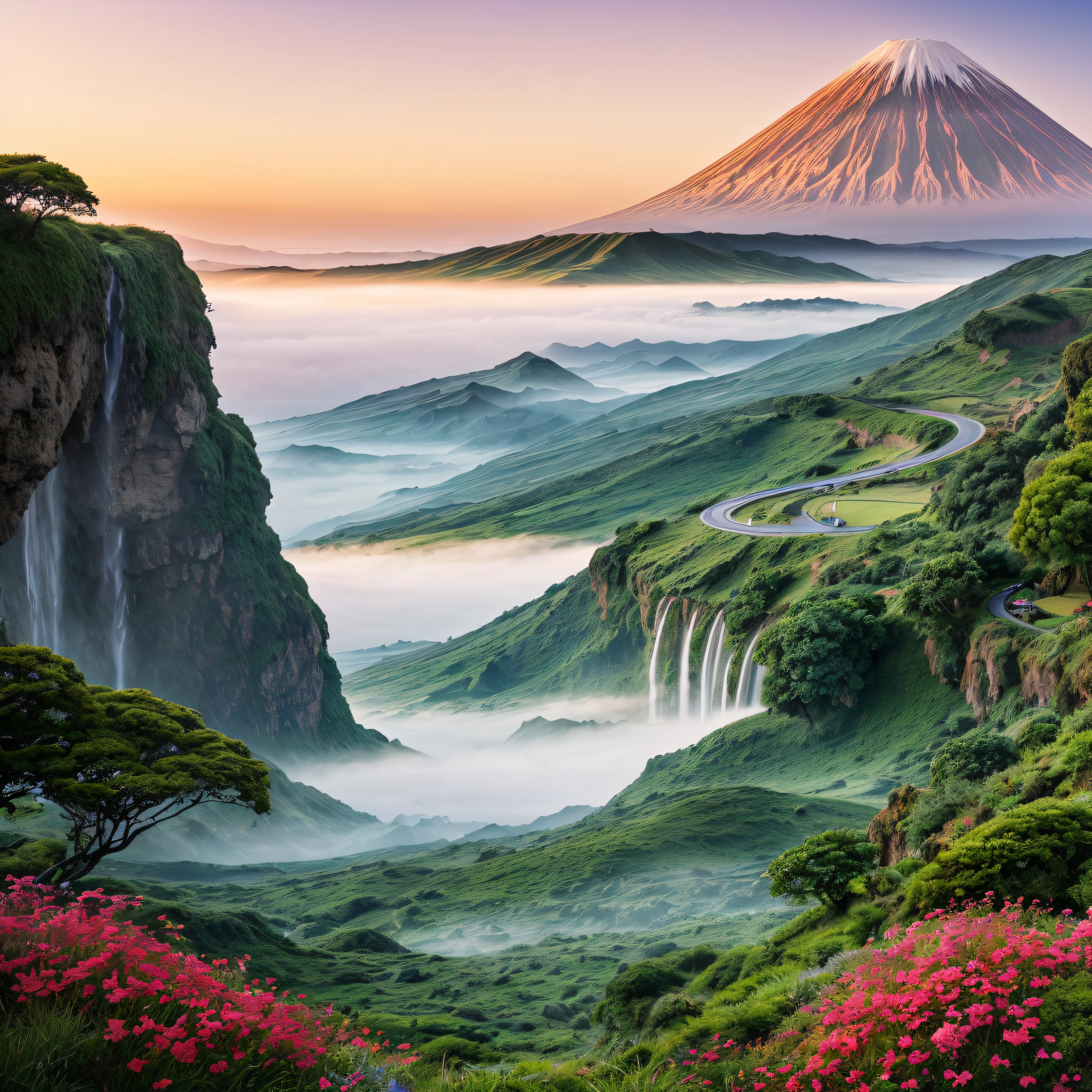 waterfall inside the unique engraved ring of the Lord of the Rings, a ring for all ruled, The Lord of the Rings, LOTR, the erupting volcano of the Earth from middle to bottom making the sky red, at the bottom of the volcano lush vegetation and an ethereal mist. Captured in the style of Studio Ghibli by Hayao Miyazaki, with soft pastel colors, delicate details and a dreamlike atmosphere.