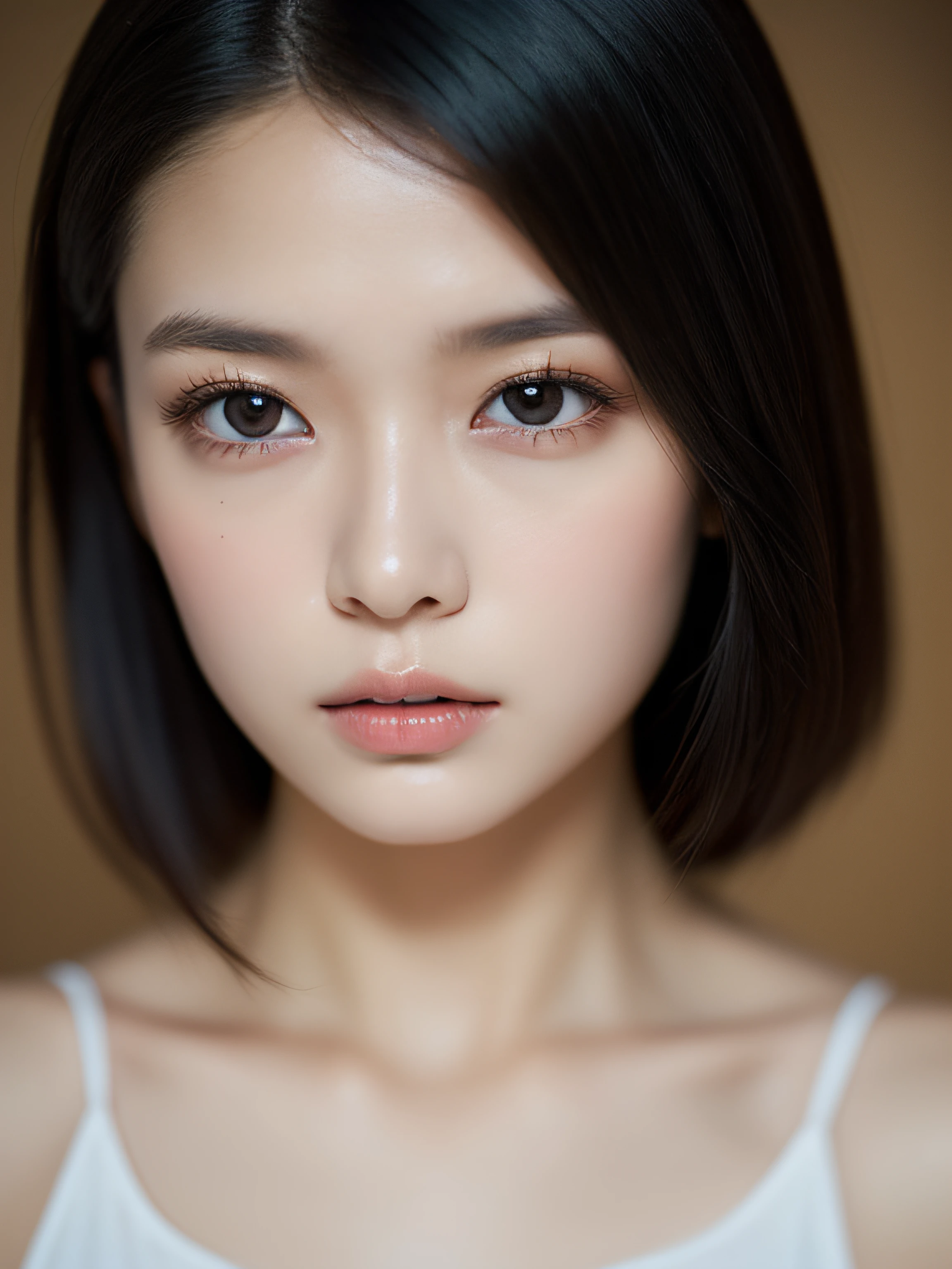masutepiece, masutepiece, of the highest quality, Best Quality,1 Japan women、Off-shoulder white cami、slenderbody、tiny chest、 Realistic, Unity, 8K Wallpaper, Official art, Very detailed CG Unity 8K wallpaper, (Realistic: 1.4), Super Detail, High resolution, Super Detail, amazing, Fine detail , Film Lighting, (brown|Black hair:1.4), Medium Hair, (Reality Skin:1.2), (Light brown skin:1.2), Expression of beautiful details, Eyes and face are very detailed, Beautiful eye details, Huge file size, ultra detailed and beautiful, Dark eyes, Model Shot Style,