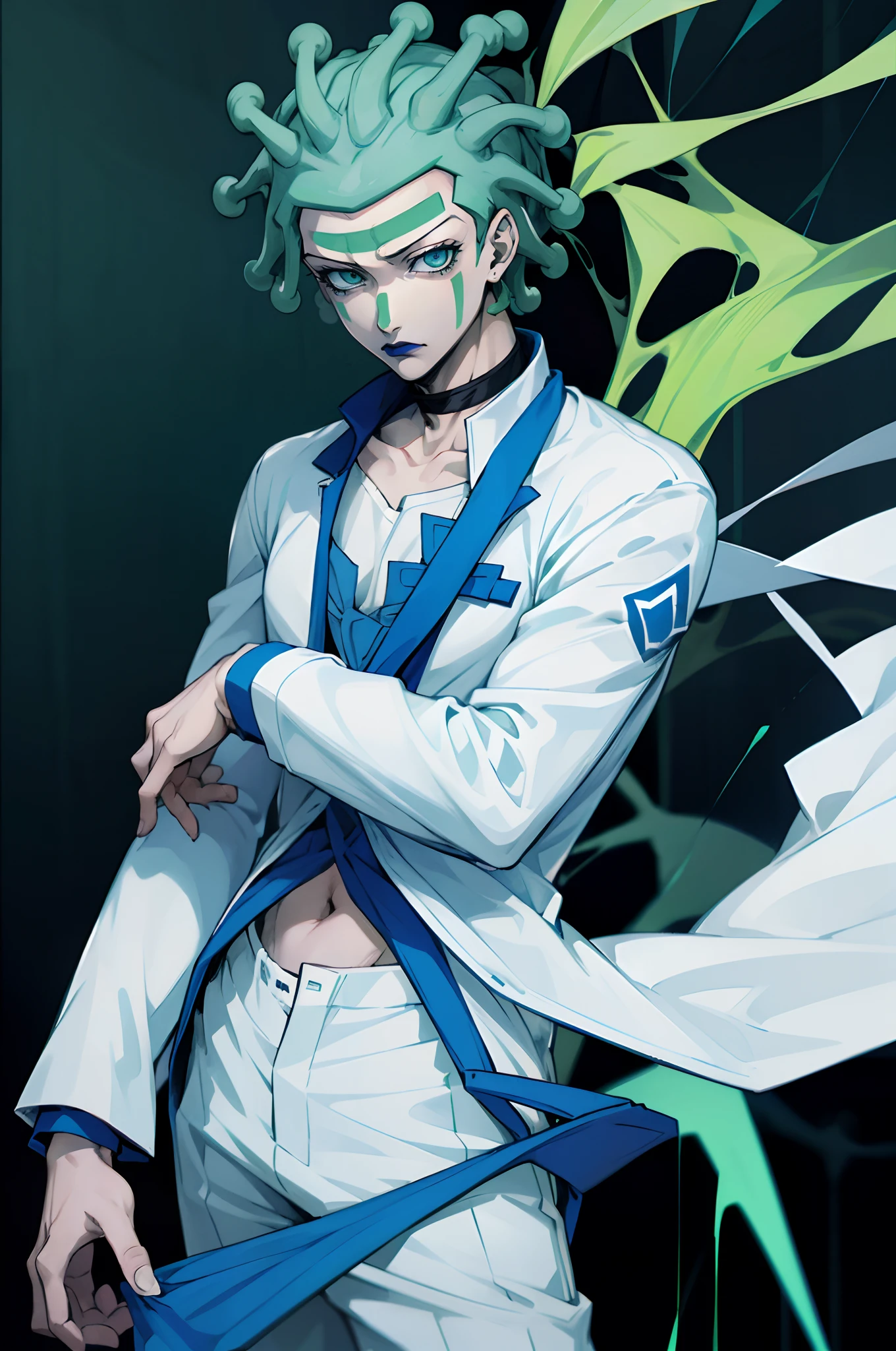 Cioccolata, doctor, white pants, white overcoat, blue shoes, blue lipstick, green eyes, green face makeup, green hair, 1boy, solo, male focus, blue cross on shirt, blue arm cuffs, one strap thong, choker, cowboy shot