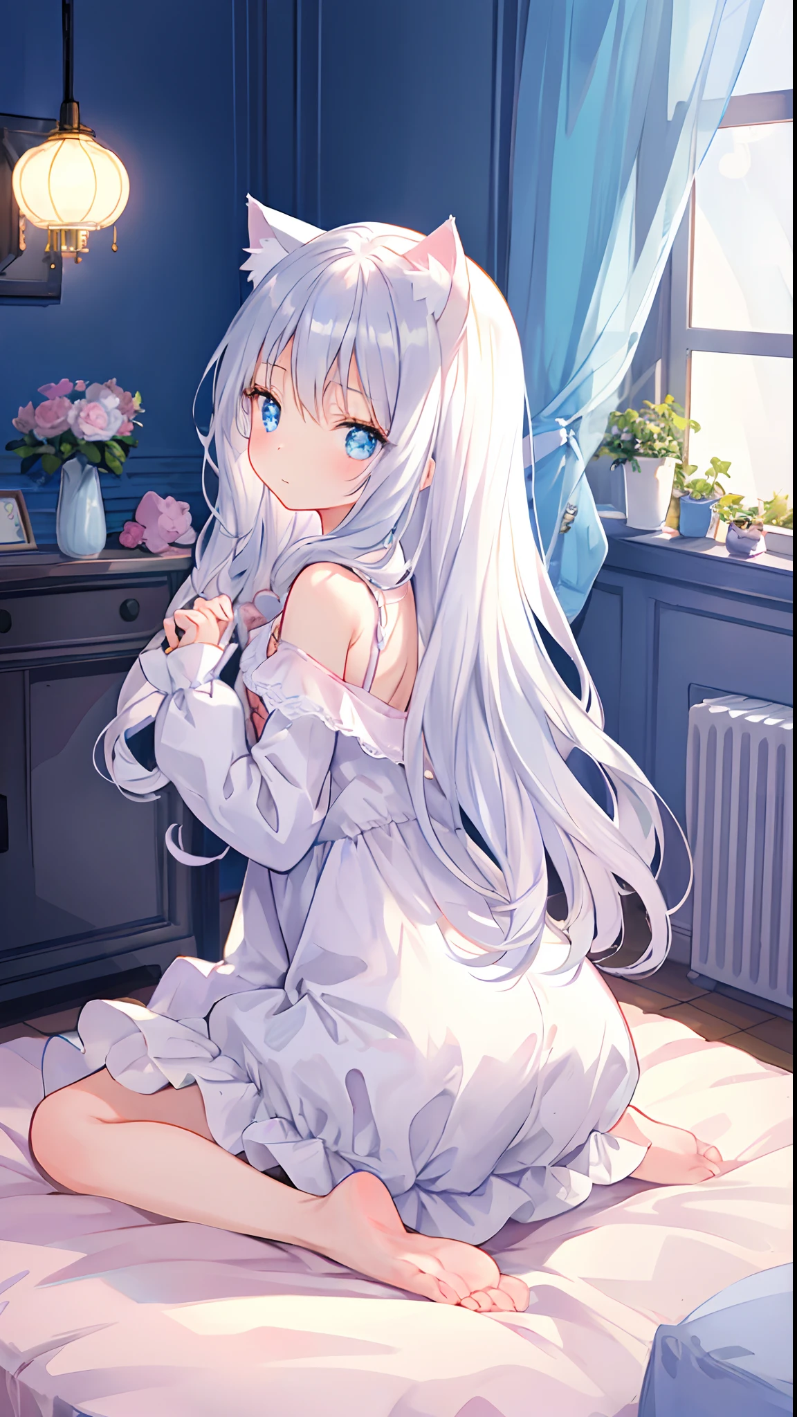 White long sleeve shirt,Born figure,A girl who is too cute no matter who looks、Bare shoulders,Cat ears,Shy Expressions,Open white shirt,Shoulders exposed,a cute loli,Leaky shoulders,Barefoot,Look up at your head,Lie on the ground,largeeyes,Cute faces in anime,Lori,Long grey hair,Lolita skirt,Rest in bed,Seductive