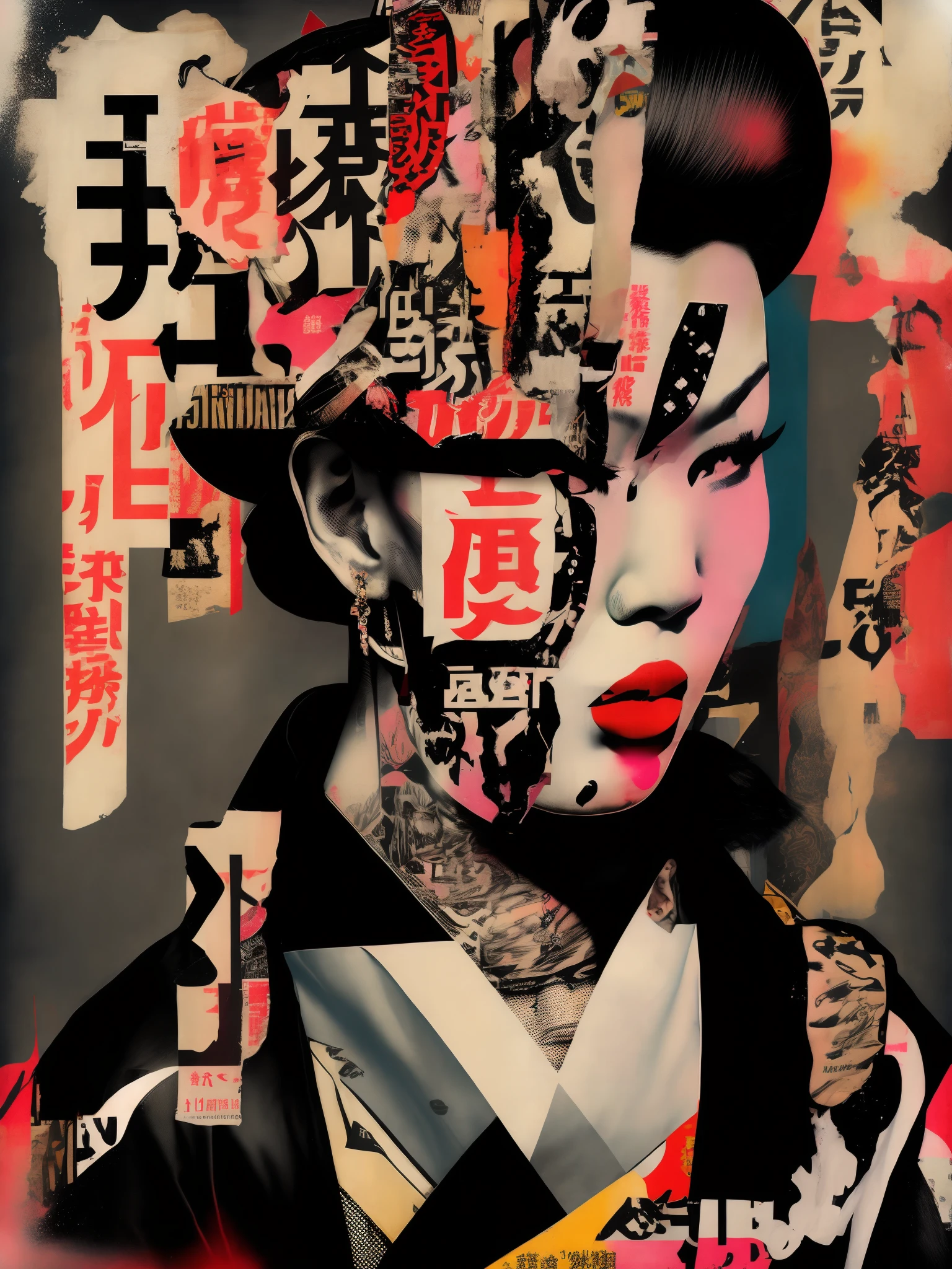 punk collage of a traditional japanese geisha skinhead, hairpunk, fashion shoot editorial style, Hypebeast ultra fast fashion gang signs