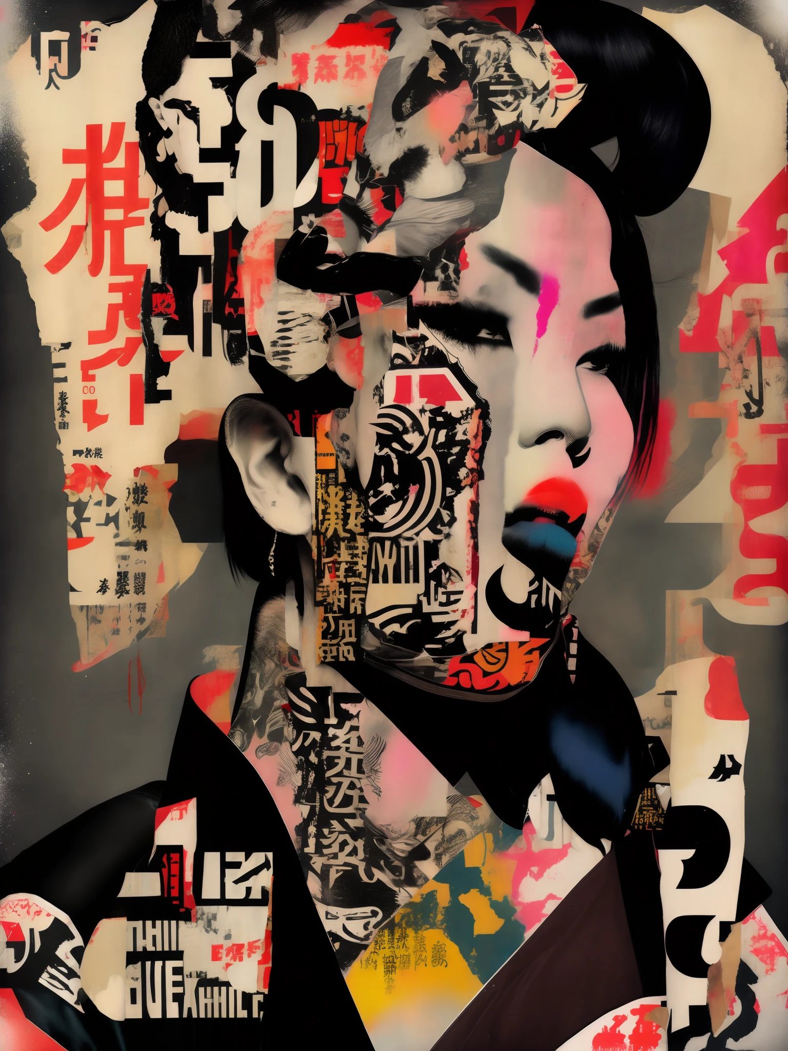 punk collage of a traditional japanese geisha skinhead, hairpunk, fashion shoot editorial style, Hypebeast ultra fast fashion gang signs