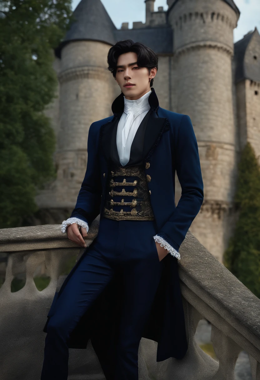 jaemin, front facing, twink, parted lips, (dark navy hair:1.2), dark navy prince regal outfit, (ultra realistic:1.2), (close up:1.2), (gothic european castle background:1.2), (intricate:1.2), (looking at viewer:1.2), male focus, 1male,