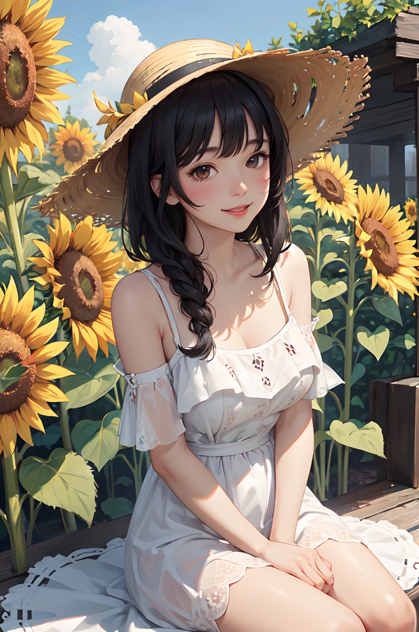 1lady solo. mature female, /(sundress straw hat/), /(black hair/) bangs, blush kind smile, (masterpiece best quality:1.2) delicate illustration ultra-detailed, large breasts BREAK /(field of sunflower outdoors/) detailed background