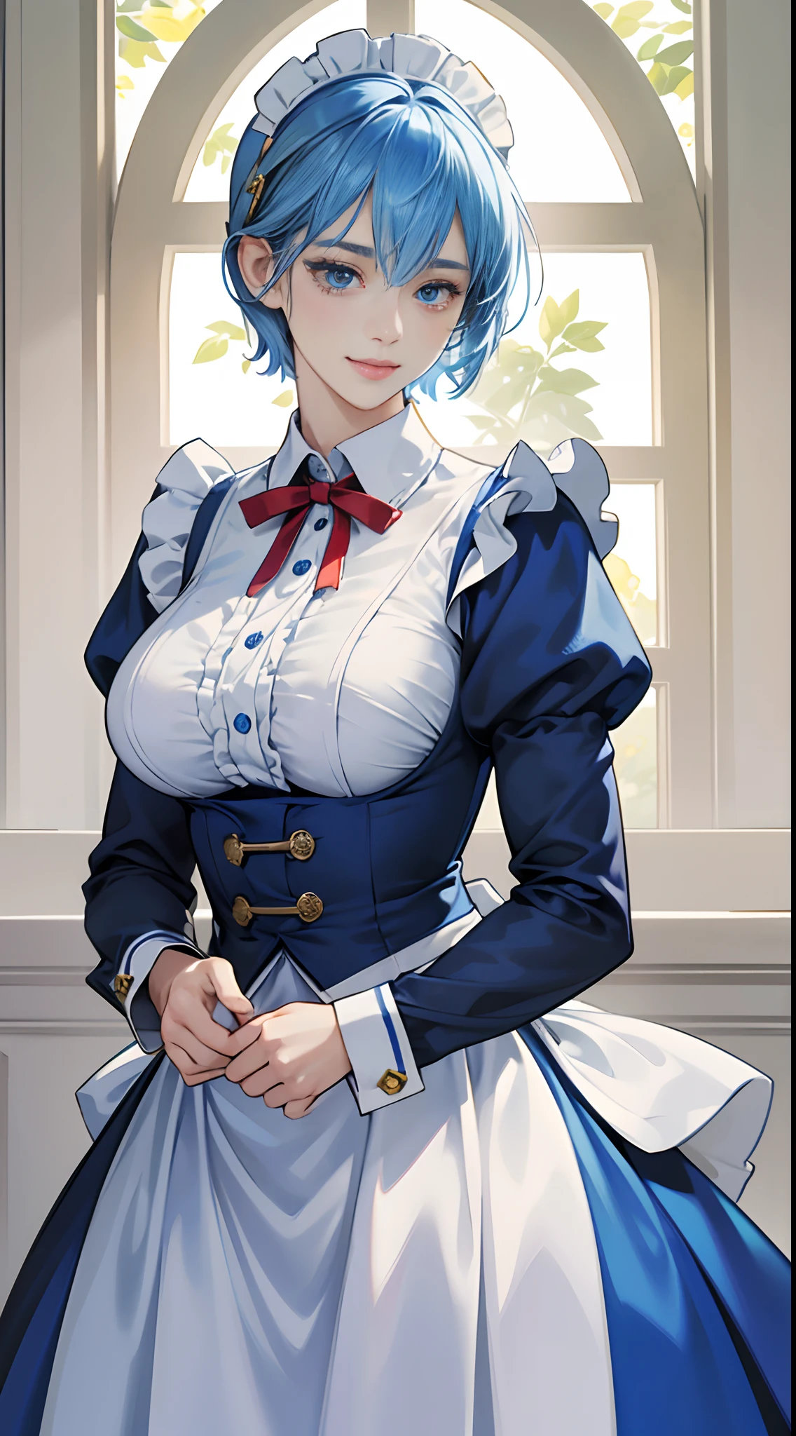 (masterpiece, best quality, ultra detailed, absurdres:1.5), 1girl, (sexy, beautiful woman, perfect face, perfect eyes, perfect female body, large breasts:1.5), (shiiko_s, mature female, short hair, blue hair, maid headdress, maid, brooch, center frills, maid apron, skirt, juliet sleeves, long sleeves, wrist cuffs, <lora:Shiiko_LoRA_AdamW_Dim64_Alpha32_5e-5_12batch_CosineAnnealingLR_NAI:0.7>), (standing, indoors, mansion), perfect lighting, smooth, hdr