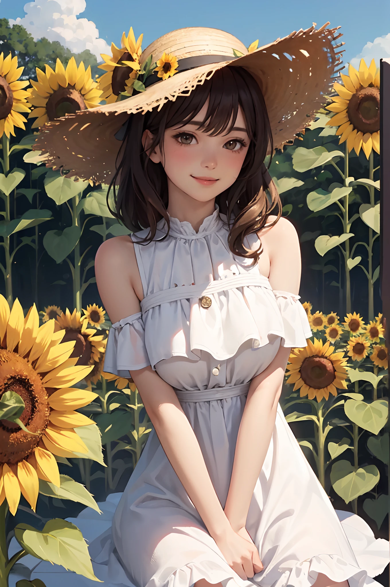 1lady solo. mature female, /(sundress straw hat/), /(brown hair/) bangs, blush kind smile, (masterpiece best quality:1.2) delicate illustration ultra-detailed, large breasts BREAK /(field of sunflower outdoors/) detailed background