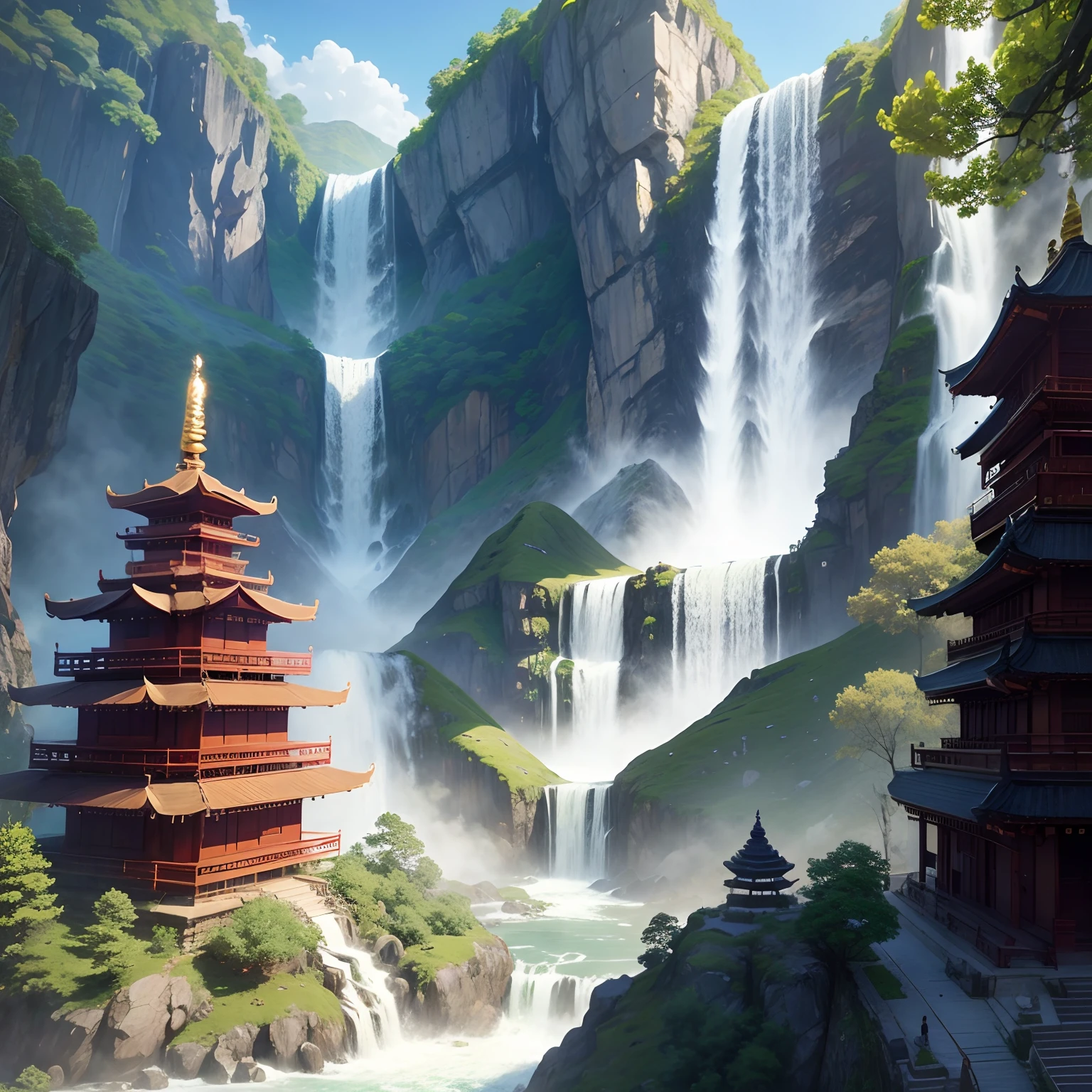 A huge Buddhist temple、Huge Buddha statue,Huge construction、huge waterfall,stairway,masterpiece,History of the Earth,in isekai,Masterpiece,超A high resolution,mystical,