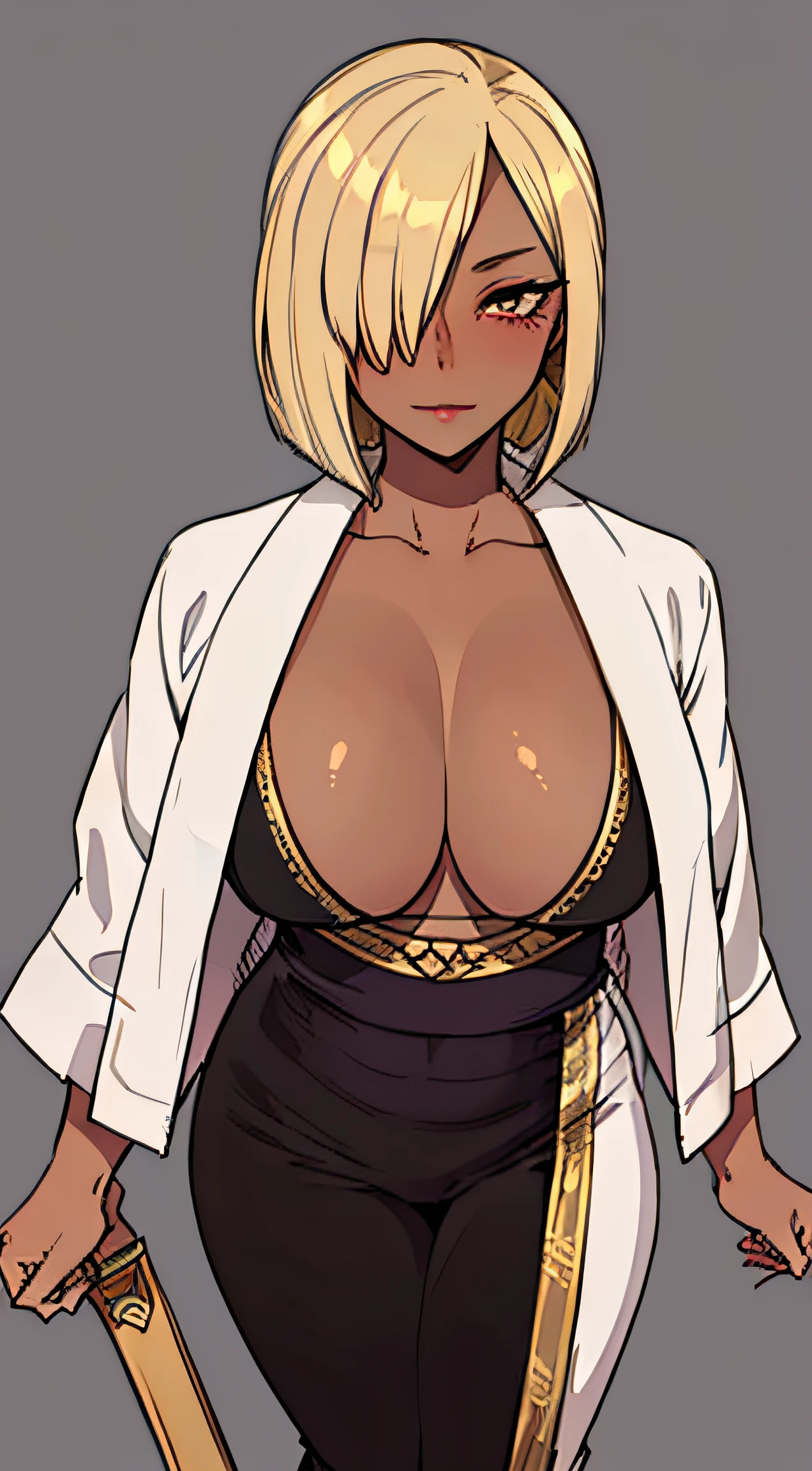 1girl, ((muscular body:1)), full body, standing, intricate, white kimono, (eyeliner:1.2), looking at viewer, bob hairstyle, blonde hair, ebony skin, jewelry, simple background, Huge breasts (masterpiece, high quality:1).