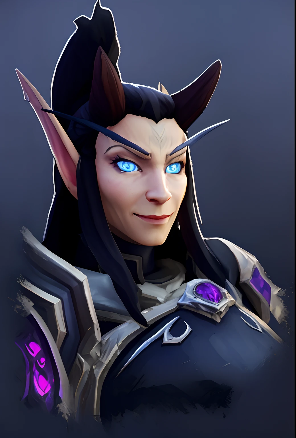 A High Elf from Warcraft, with long dark hair. There is a small pair of horns on the forehead. Blue eyes shine with energy. A look into the camera. A smile on his face.