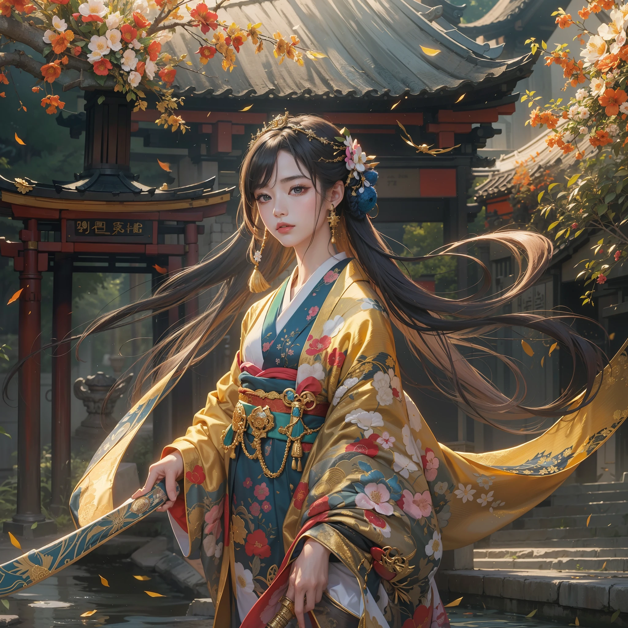 a moon、Detailed background((ancient city:1.2),细致背景)、Elegant backgrounds,Zen entanglement, mandalas, Tangled, Tangled,glossy dark hair,poneyTail,Lots of bouquets in hand, BREAK,elaborate costume{Luxury kimono(Colorful kimono(Detailed golden embroidery,))}、Japanese Idol(actress),Depict a beautiful and graceful woman of Japan。Heart in the eye。 Wallpaper 8K, .Blur the background with a sickle,((masutepiece)), ((Best Quality)),{{a portrait photo of}},full body Esbian