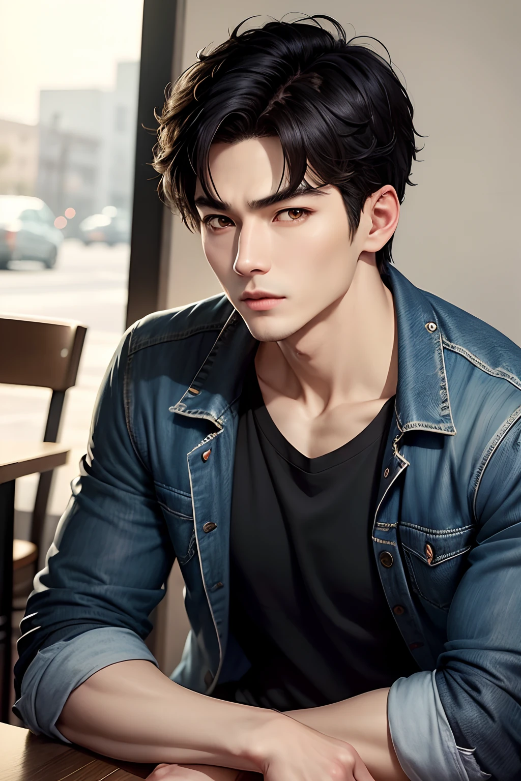 hightquality、Realistic facial features、T-shirt and black jacket sitting in fashionable café in sunshine、Man in denim、Black Hair Center Farewell、Short hair、Similar to actors Lee Jong-shin and Ji Chang-wook、he has an elongated head shape、Men with a classy atmosphere、Masculine but clean face、Fashionable clothes、slightly flabby eyes