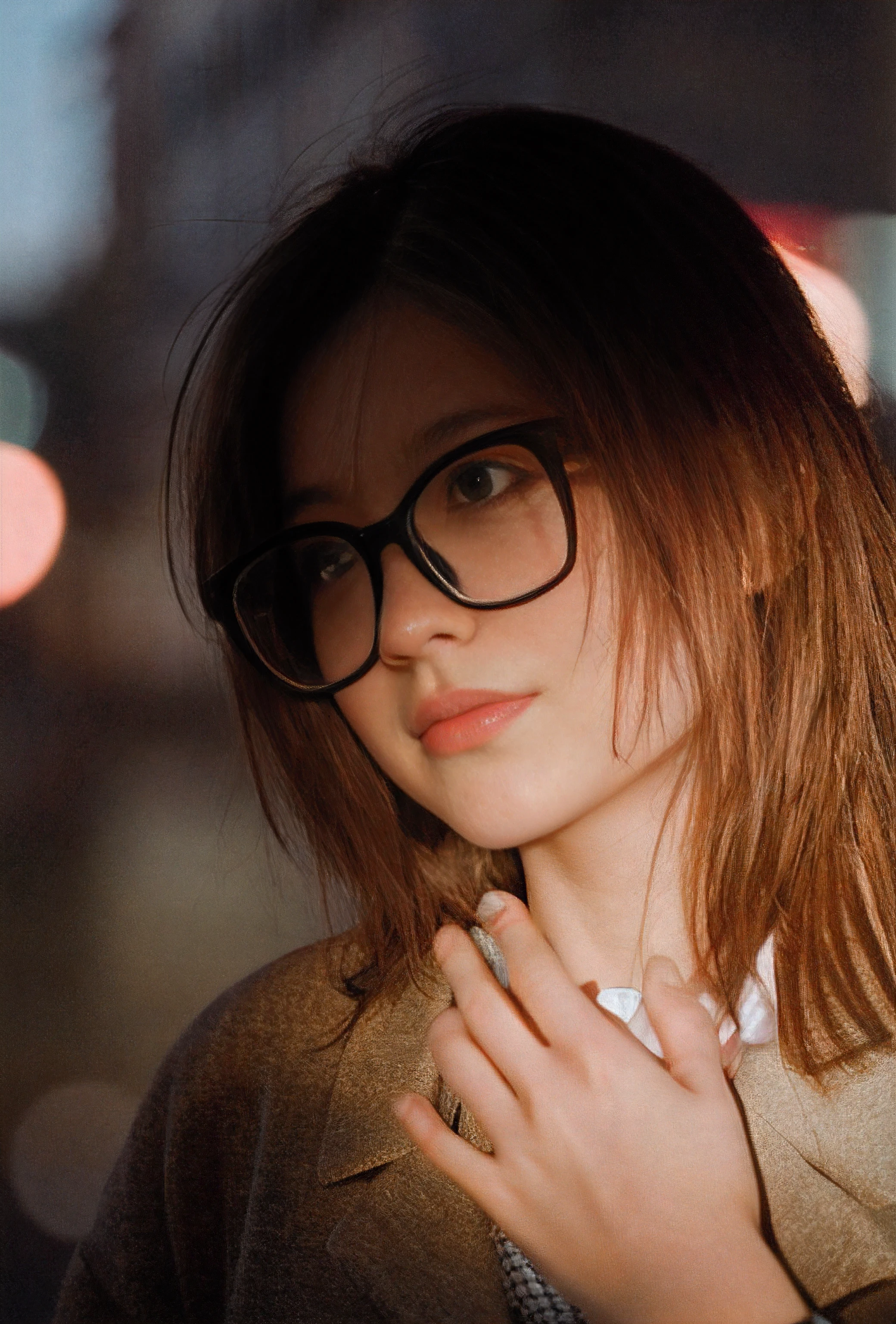 A woman wearing glasses and a tie stands in the street, 50mm portrait, Girl with glasses, a girl with round glasses, INFP young woman, 7 0 mm portrait, 60mm portrait, 3 5 mm portrait, soft light from the side, dslr 5 0 mm portrait photo, shot at golden hour，largeeyes，