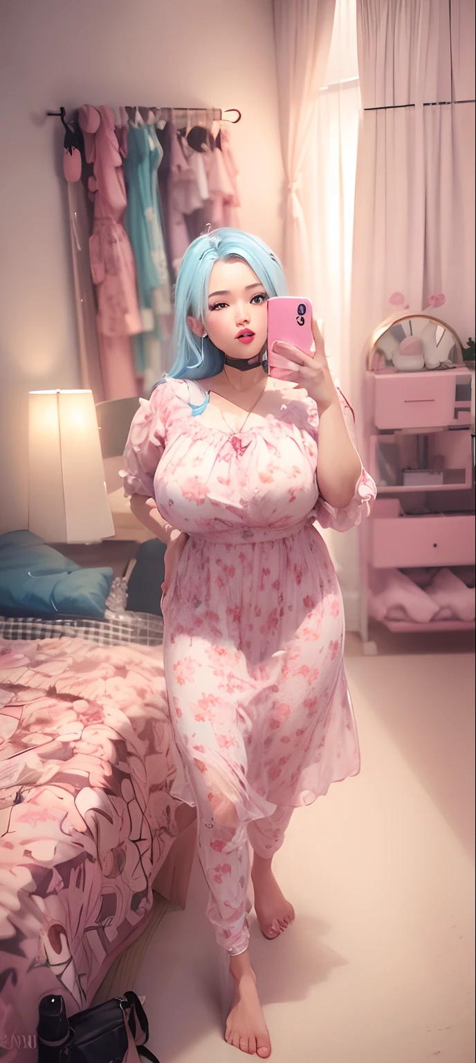 (1girl), blonde with blue hair , holding up a cell phone in a mirror, ulzzang, big boobs, showing nipples, big ass, sexy, horny, 8k selfie photograph, iphone selfie, 8k selfie photograph, newest iphone, new smartphone, cute phonecase in pink, cute dress with big bows, long eyelashes in light pink color, blush, makeup, lipstick, fashion bag, --s2